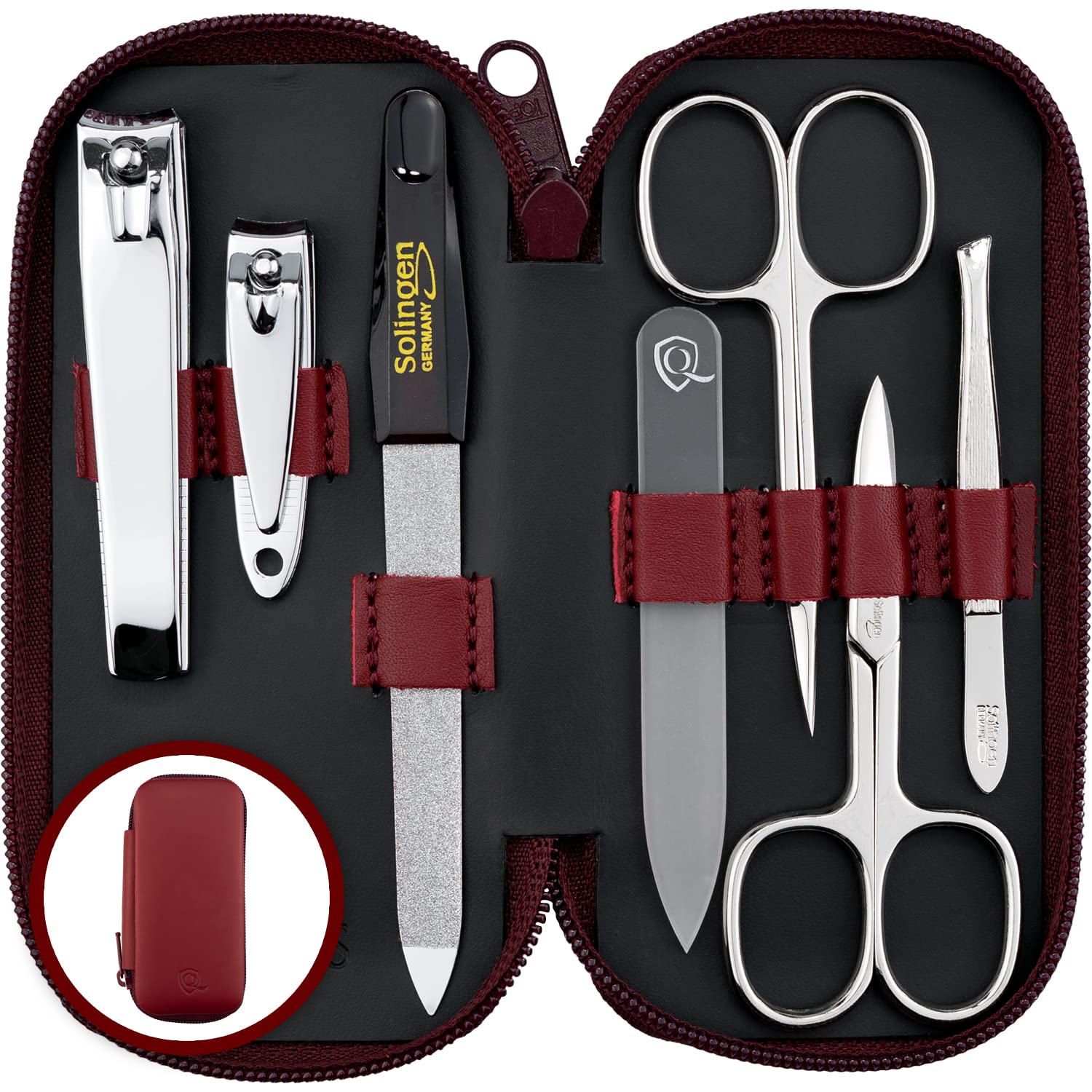 Solingen 7-Piece Manicure Set | Real Leather Case & Glass Nail File - Red
