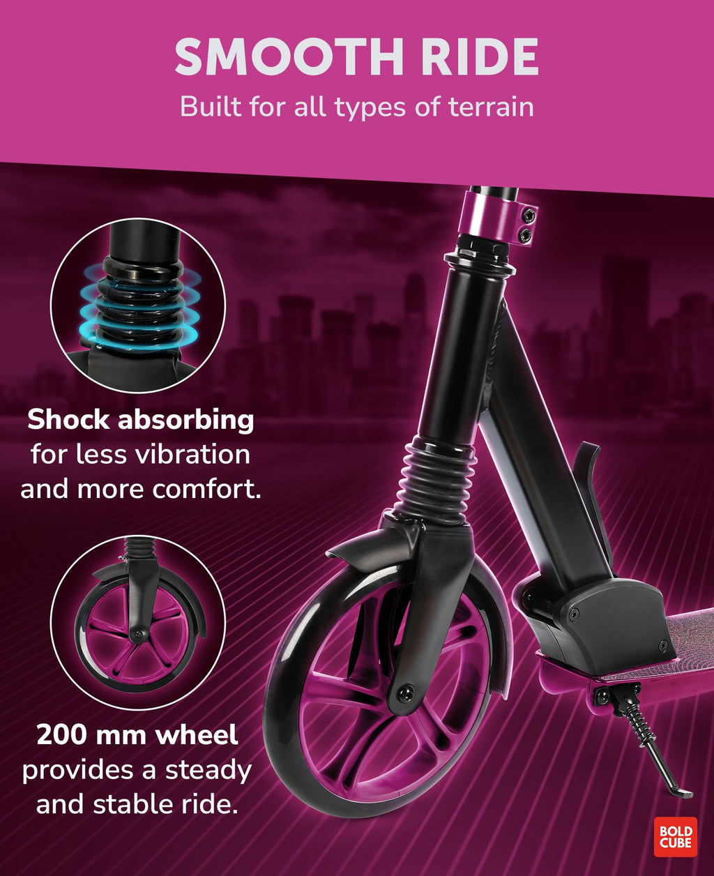 BOLDCUBE Big 2 Wheel Scooter for Kids & Teens - 200mm Wheels - Magenta