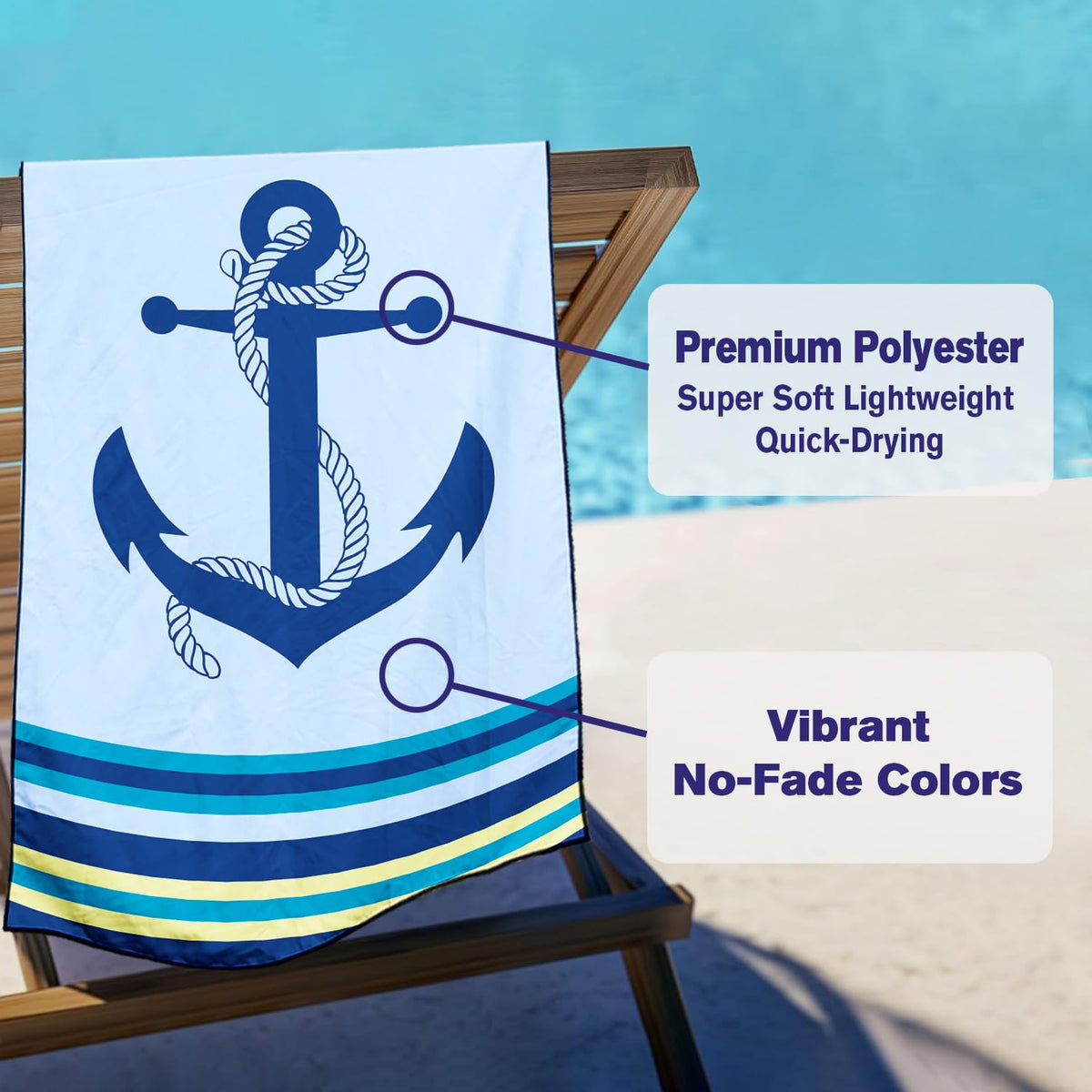 Violetpos Nautical Anchor Beach Towel, Extra Large 180x90 cm 250GSM Microfibre, Sand Free Quick Dry - image 3