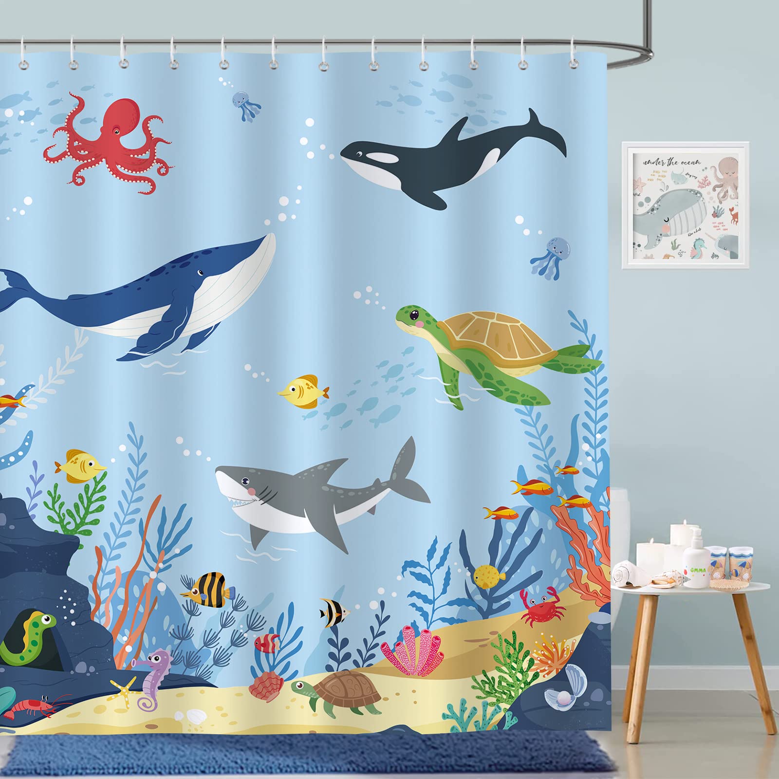 Bonhause Ocean Kids Shower Curtain | Under The Sea Polyester | 180x180cm