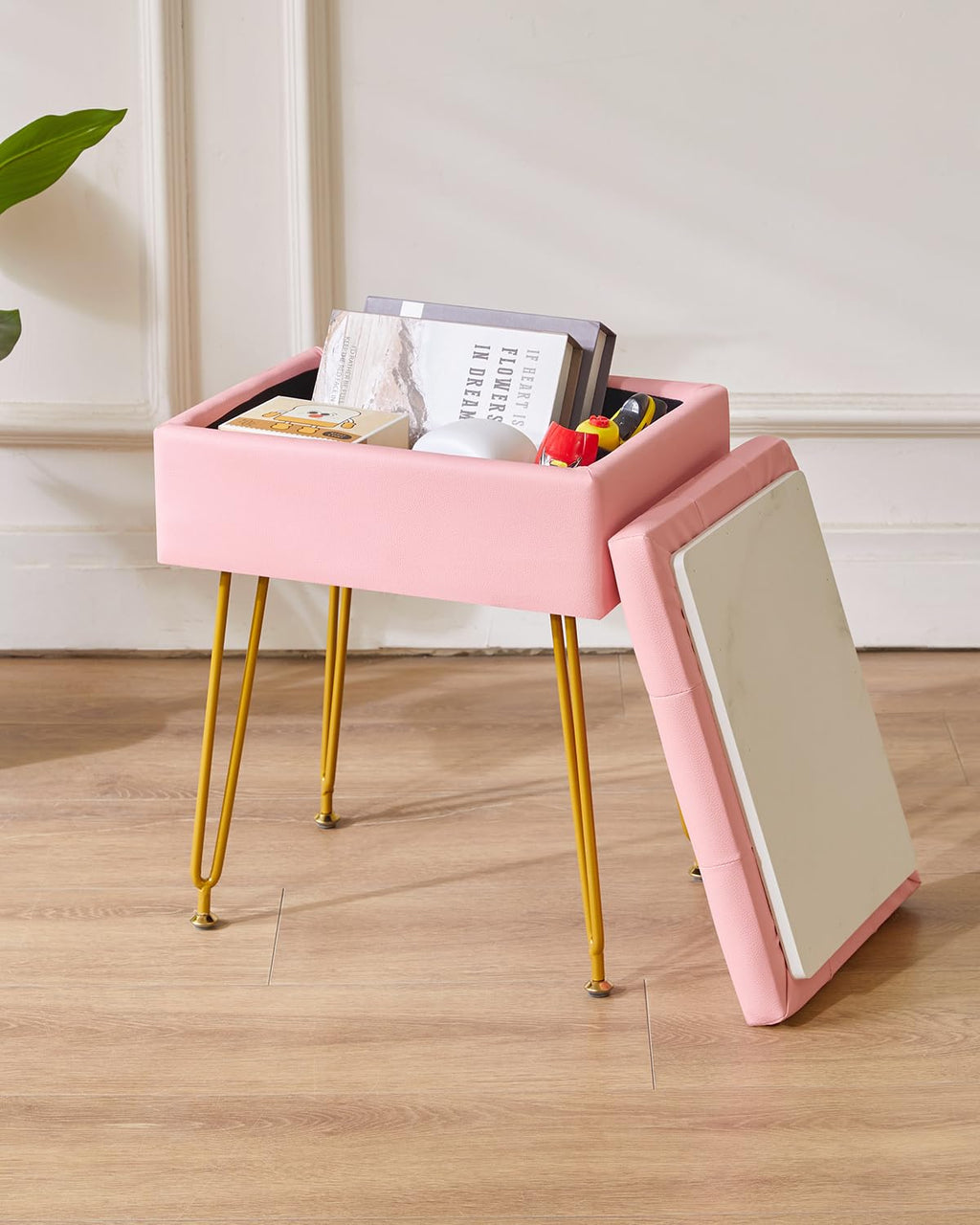IBUYKE Storage Vanity Stool | PU Leather Ottoman with Flip Tabletop
