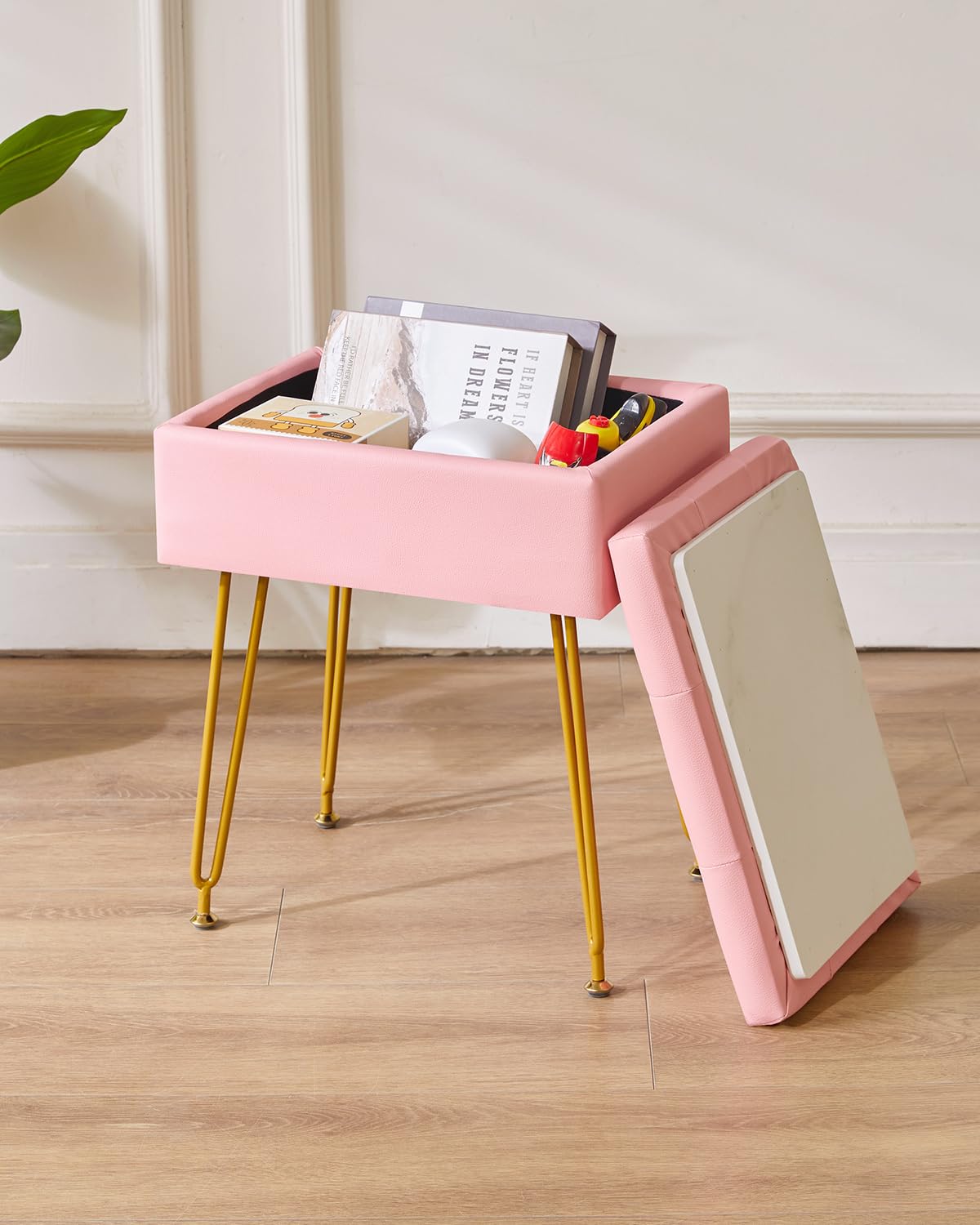 IBUYKE Storage Vanity Stool | PU Leather Ottoman with Flip Tabletop
