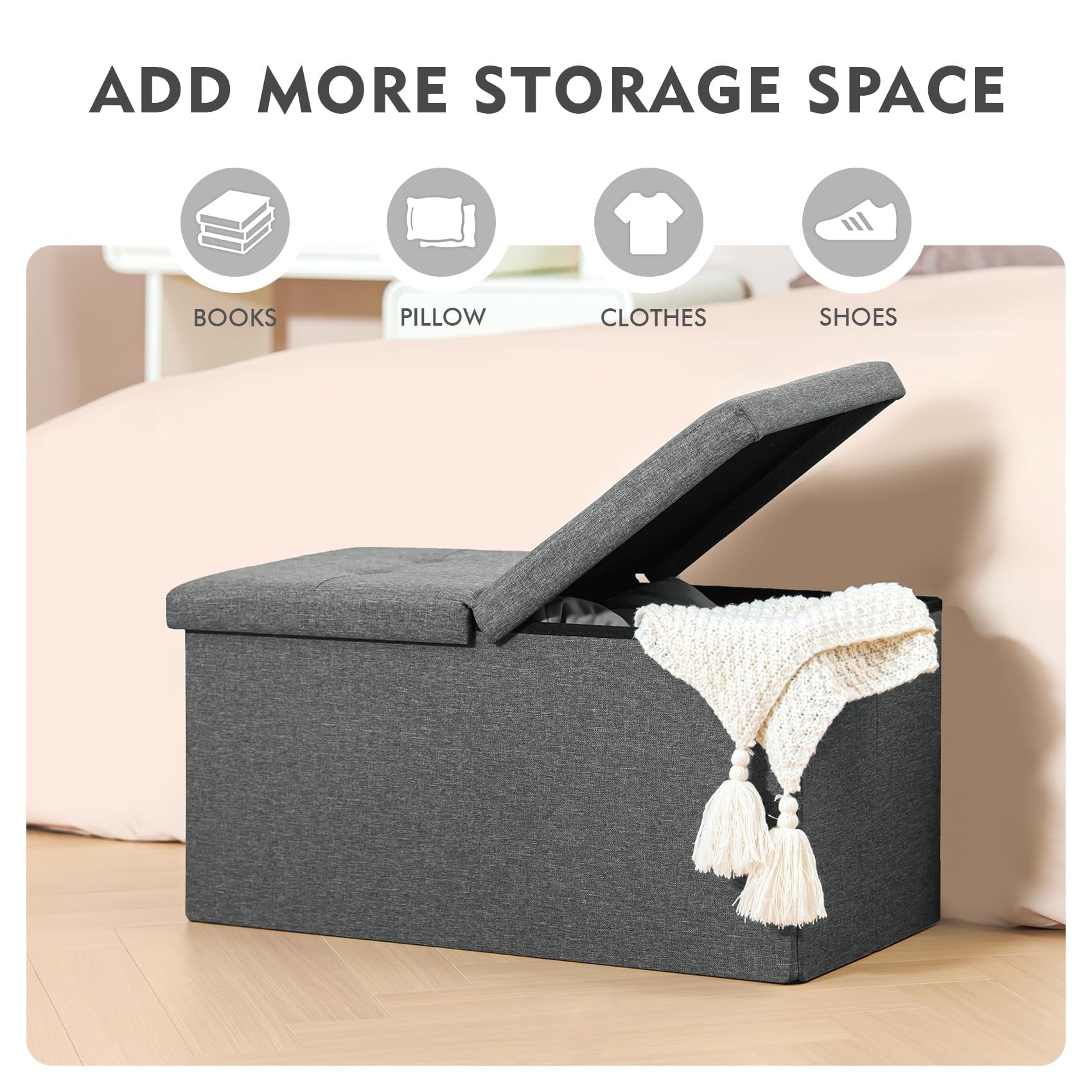 Bonlife Foldable Storage Ottoman Bench | Linen Gray Footstool - 76cm