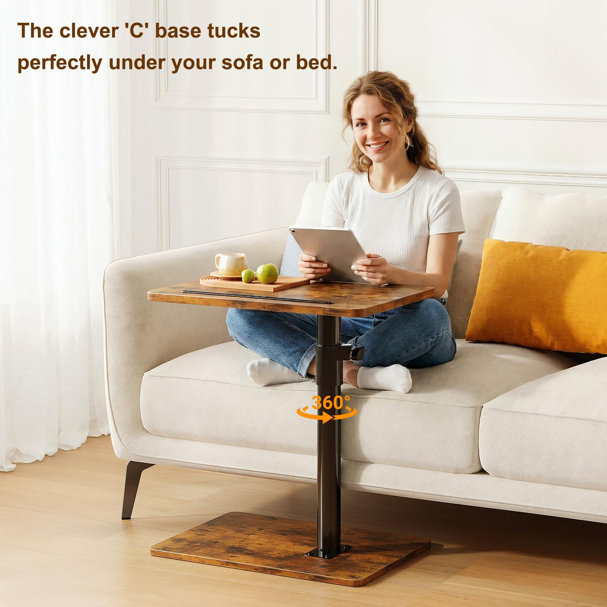 CAIYUN C Shaped Side Table, Height Adjustable Swivel 360° Rotating, Brown End Table for Small Spaces - image 5
