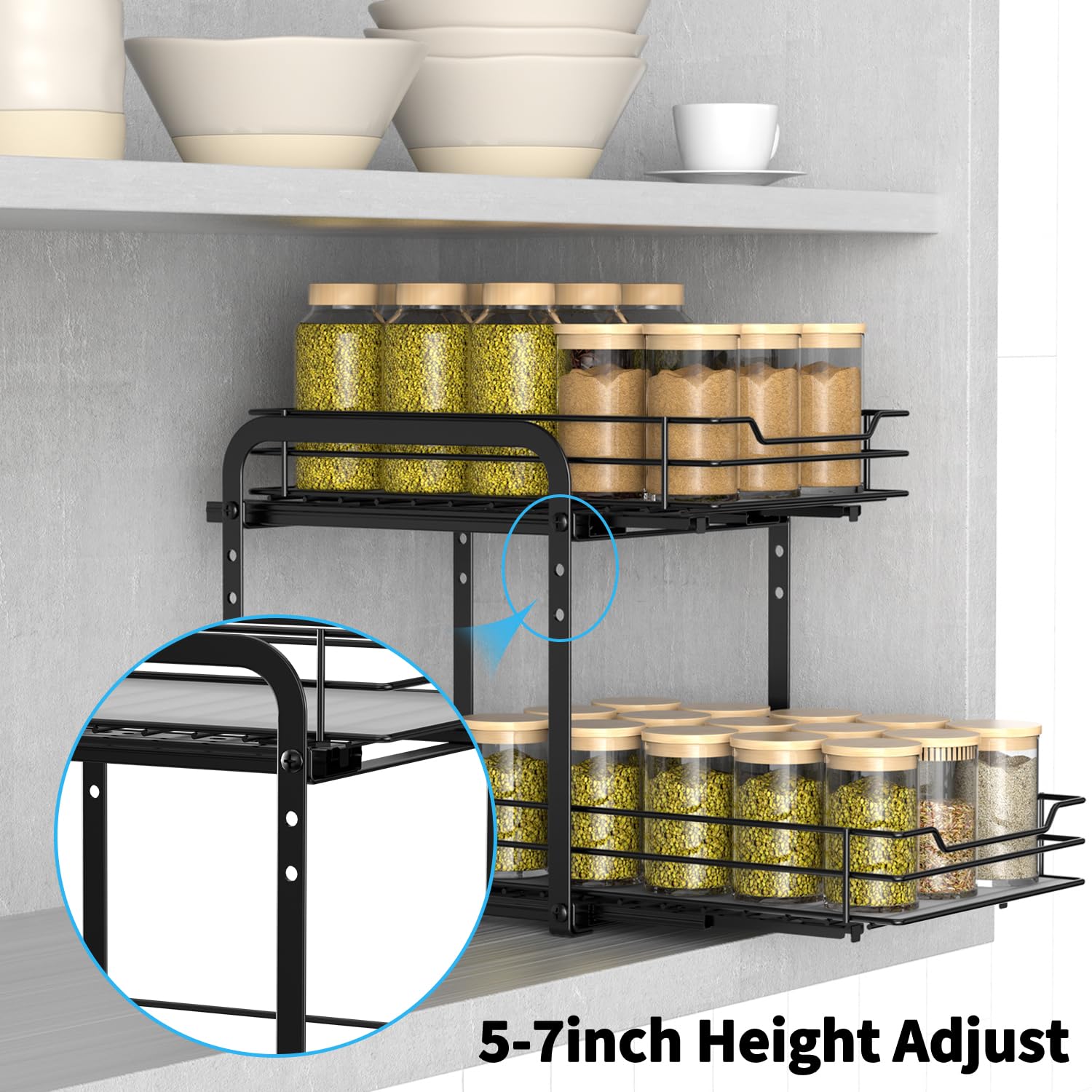 AIRUJIA 2-Tier Pull Out Cabinet Spice Rack | Height Adjustable Metal Shelf