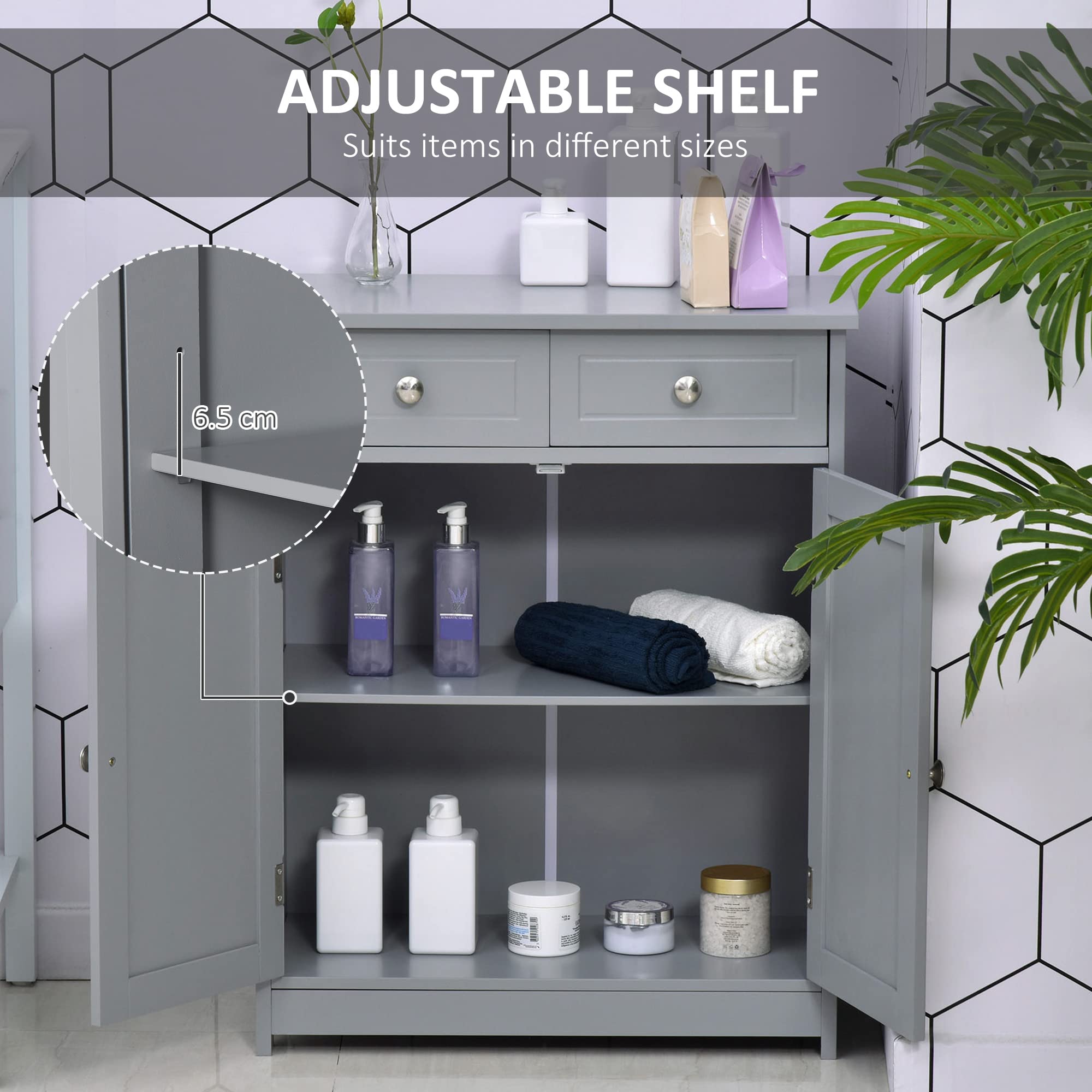 kleankin Freestanding Grey Bathroom Storage Cabinet with 2 Drawers