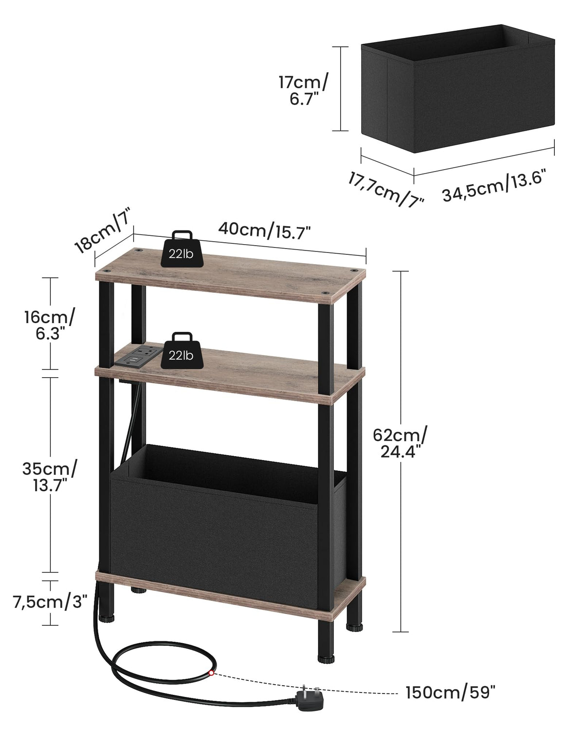 CHOEZON Slim Side Table with Charging Station, 3-Tier Narrow Side Table with Drawer, Skinny Bedside Table, End Table for Small Spaces, for Bedroom