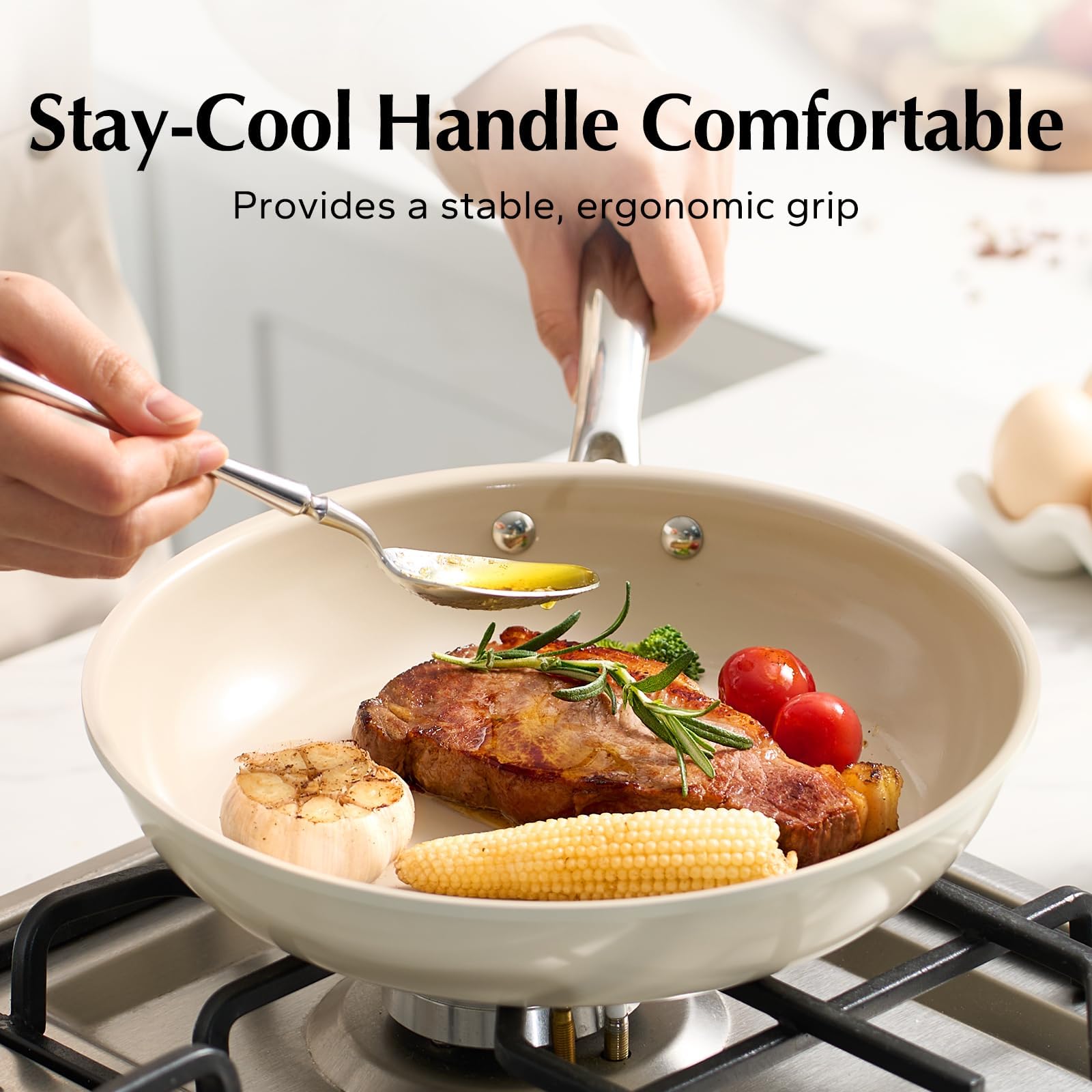 Redchef Ceramic Nonstick Frying Pan Set - 3-Piece Oven Safe Skillet (Beige)