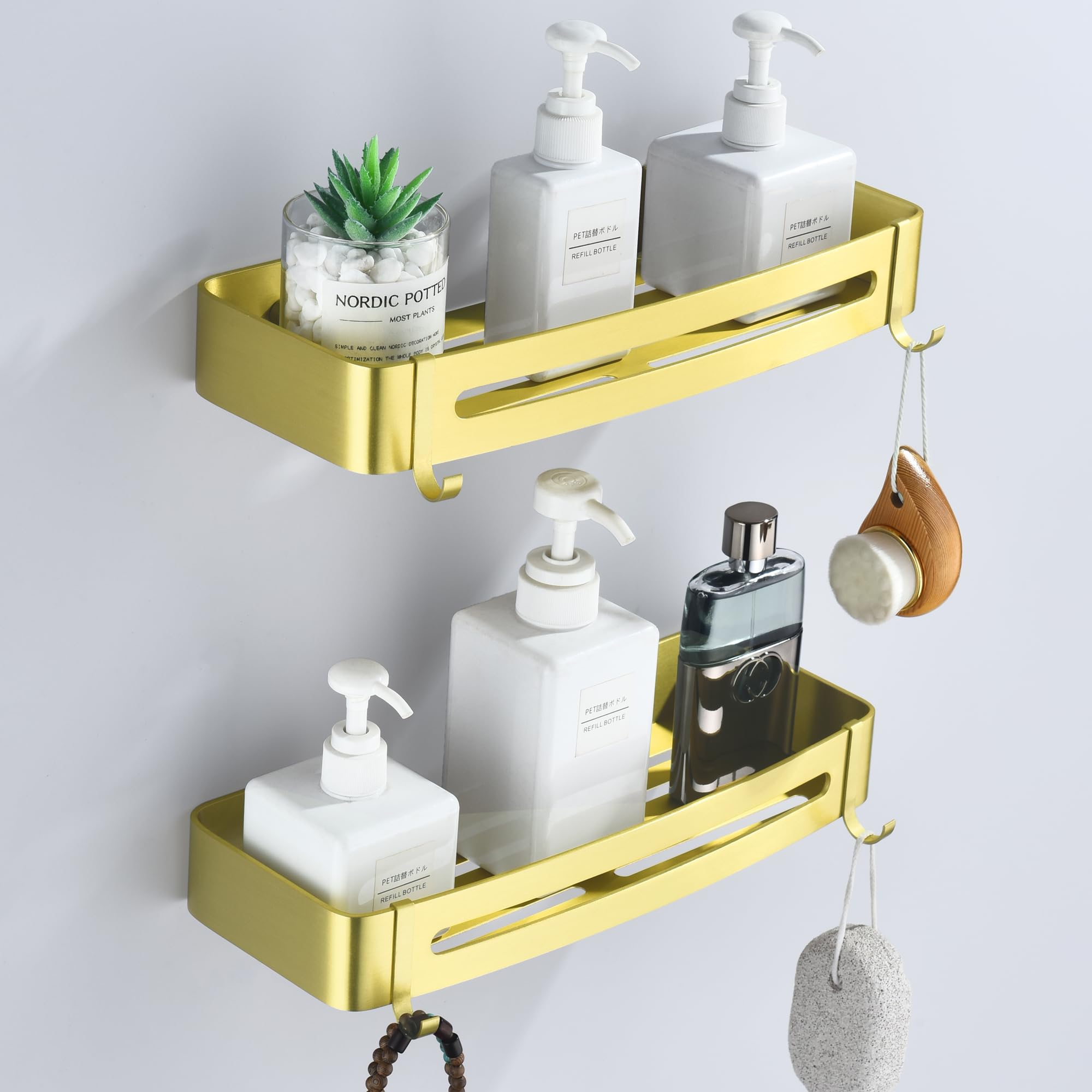 HNVNER Brushed Gold Shower Caddy – No-Drill Aluminum Wall Shelves, 2 Pack