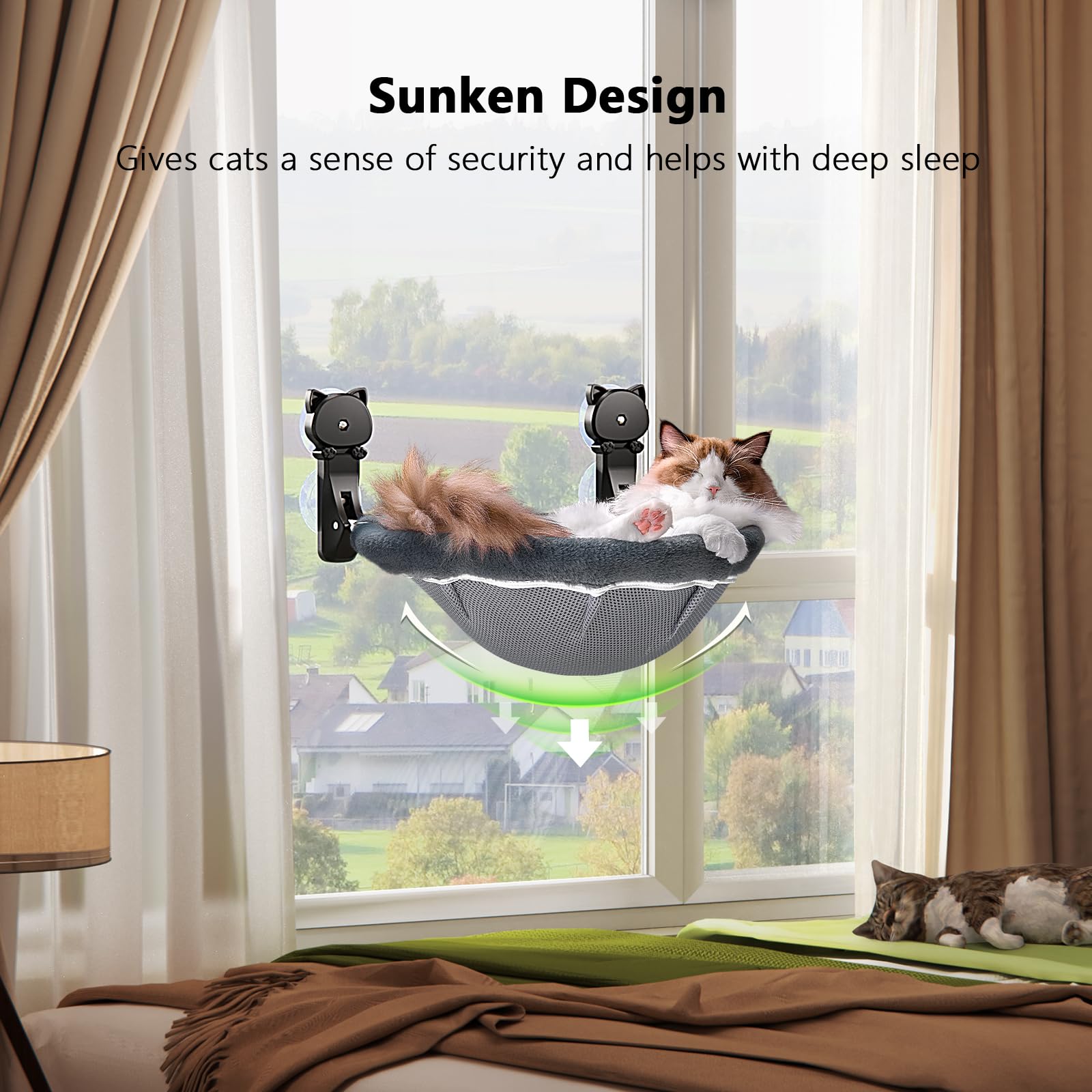 JUNSPOW Cordless Cat Window Perch – Foldable Mesh & Faux Fur Hammock