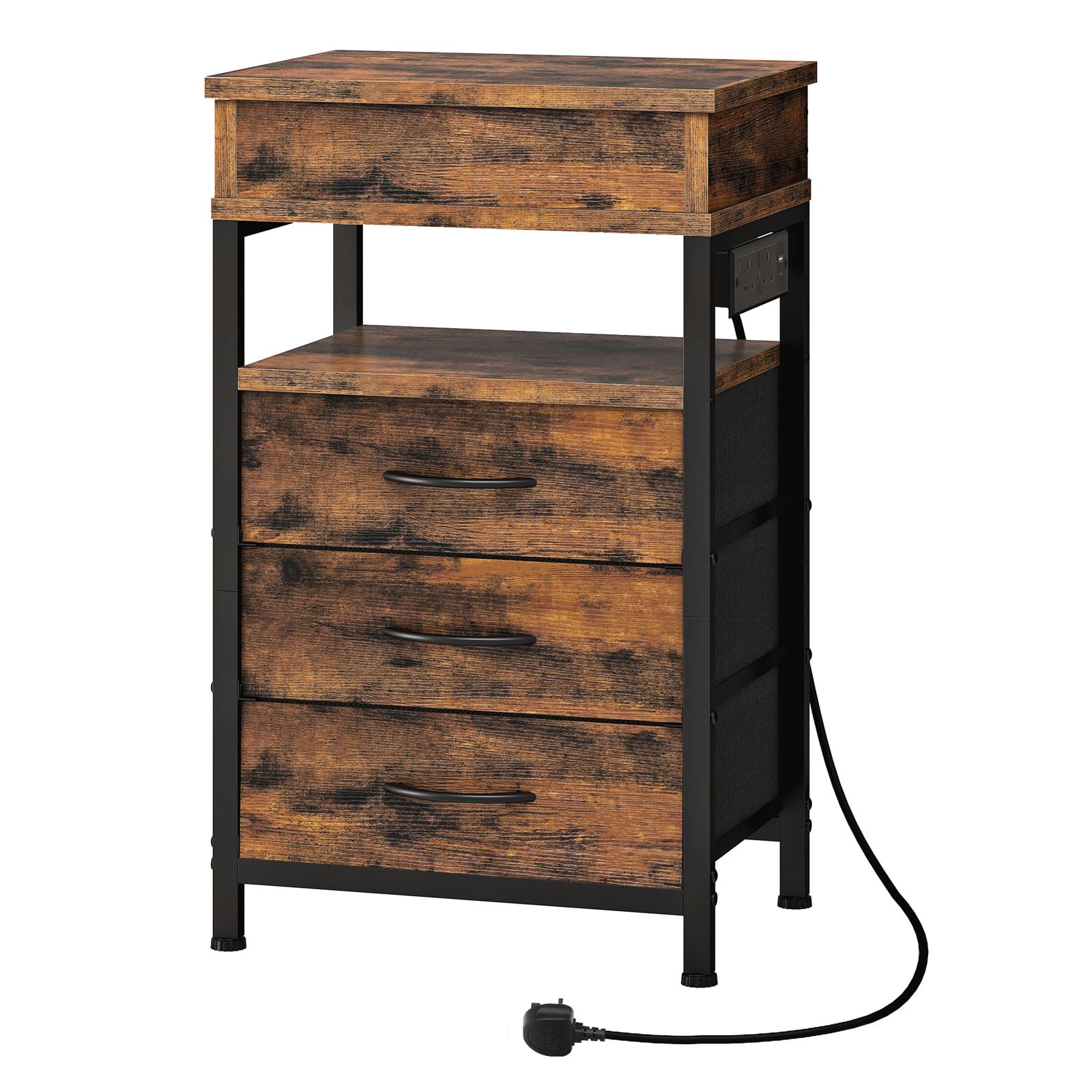HOOBRO Bedside Table with Charging Station | 3-Drawer Rustic Nightstand