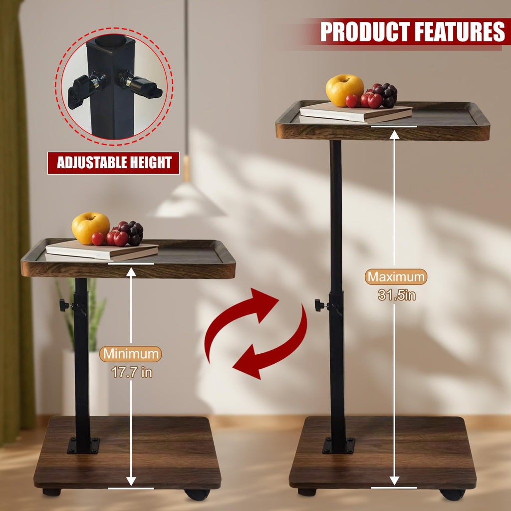 Aegistus C Table End Table Adjustable Height, 360°Swivel TV Tray Table for Small Spaces with 4 CastersWalnut Brown