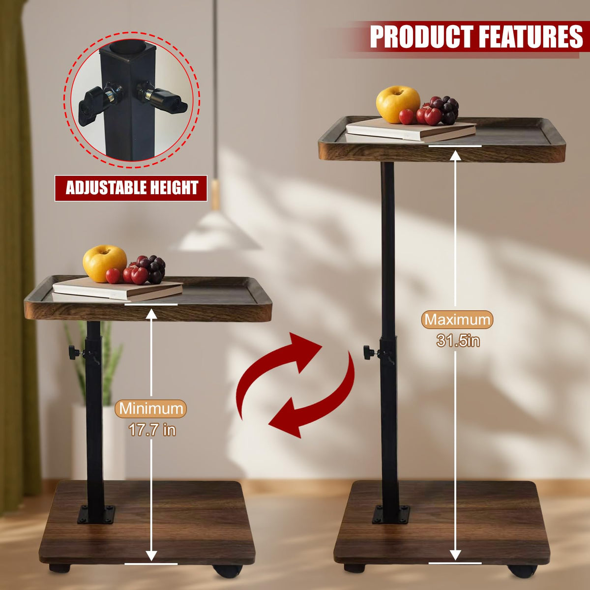Aegistus C Table End Table Adjustable Height, 360°Swivel TV Tray Table for Small Spaces with 4 CastersWalnut Brown