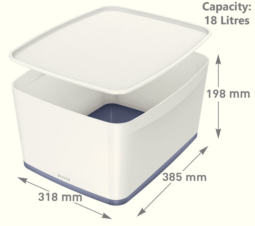 Leitz Large MyBox with Lid, Storage Box for Home and Office, High Gloss Plastic,18 Litre, A4, White/Grey - image 2