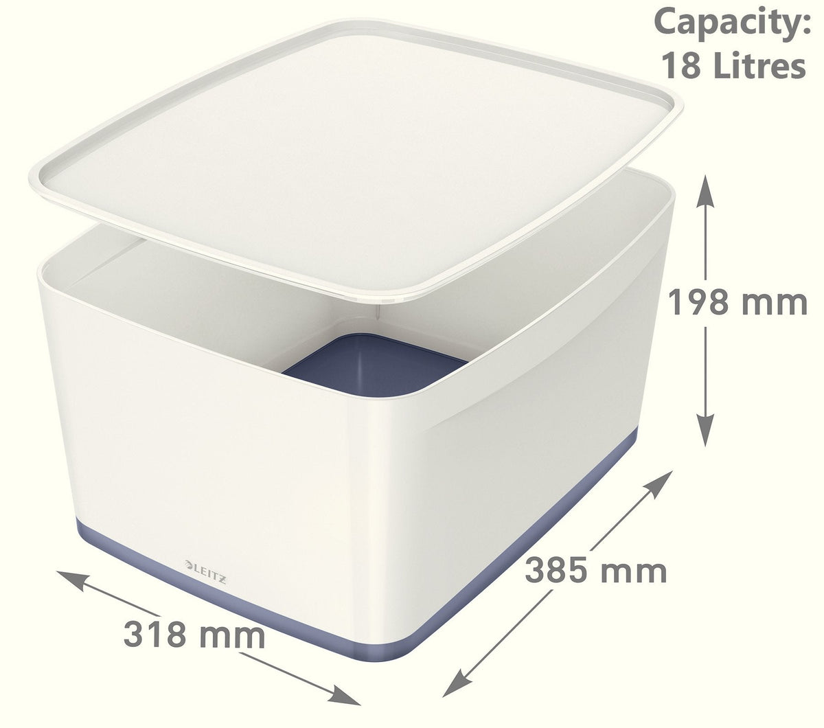 Leitz Large MyBox with Lid, Storage Box for Home and Office, High Gloss Plastic,18 Litre, A4, White/Grey - image 2