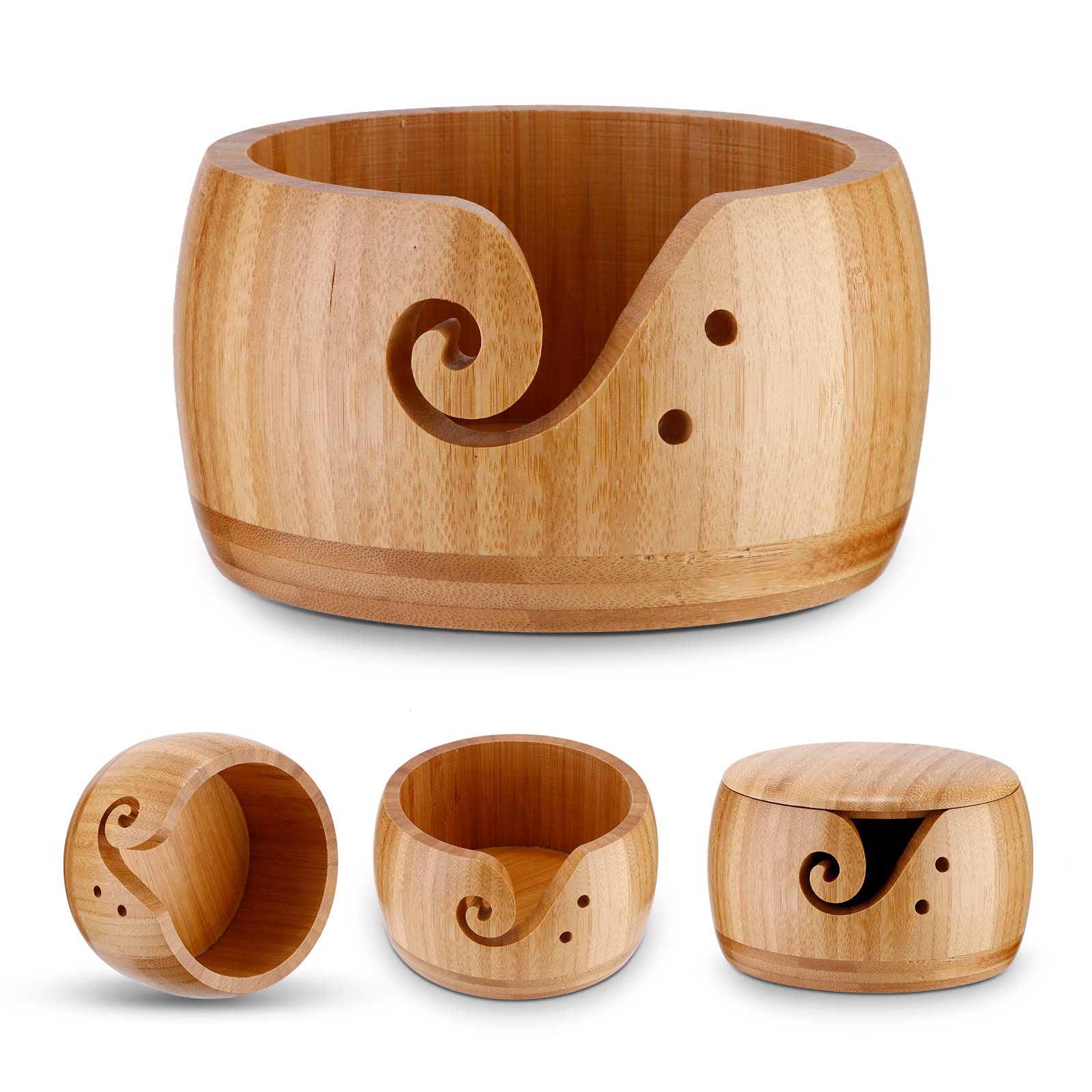 Jolof Store Bamboo Yarn Bowl with Lid – Wooden Knitting & Crochet Organizer