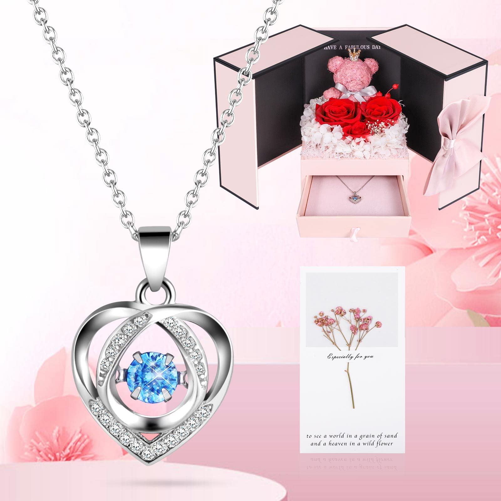 ADDWel Preserved Roses with 925 Sterling Silver Necklace & Moss Bear
