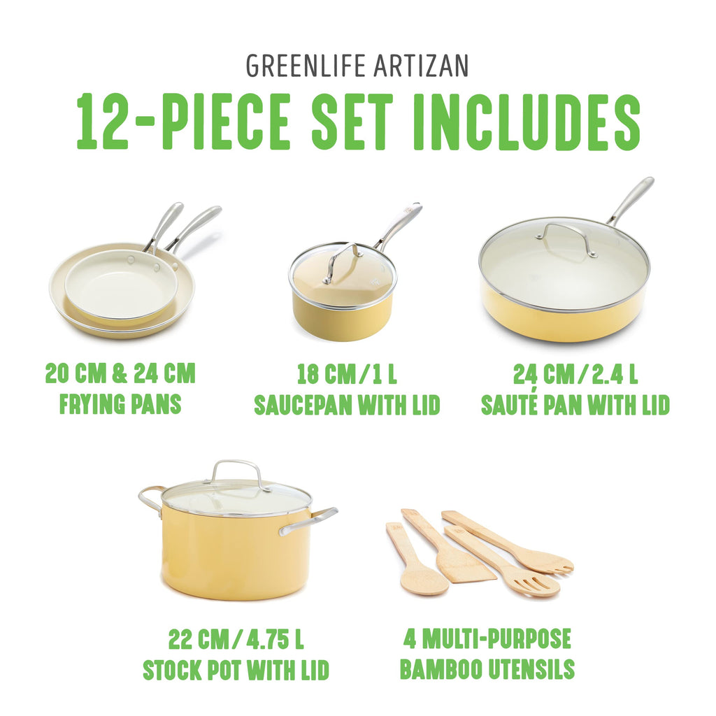 GreenLife Artizan 12-Piece Ceramic Non-Stick Cookware Set | Yellow