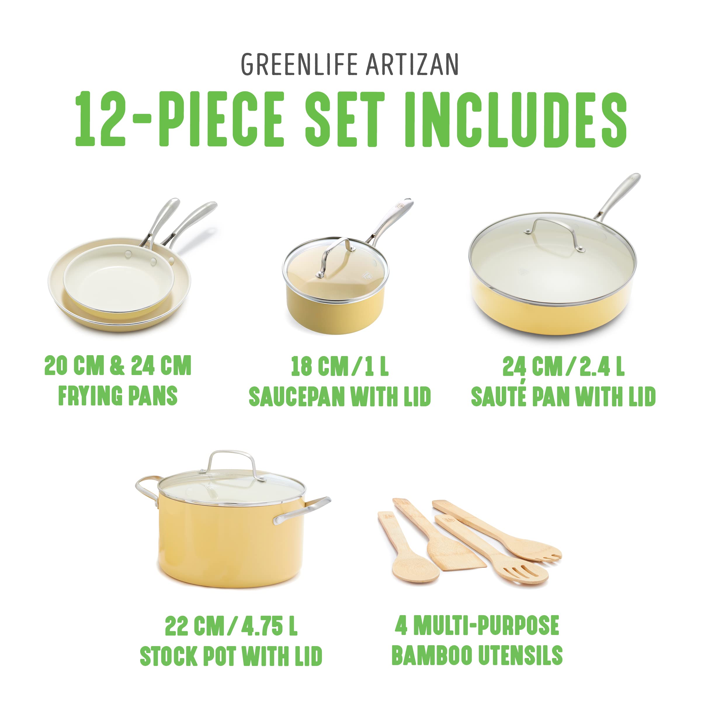 GreenLife Artizan 12-Piece Ceramic Non-Stick Cookware Set | Yellow