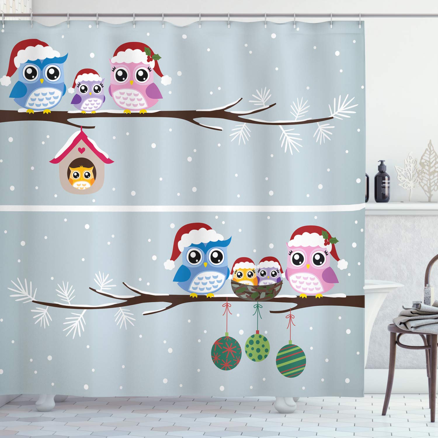 ABAKUHAUS Christmas Owl Fabric Shower Curtain | Waterproof Winter Decor