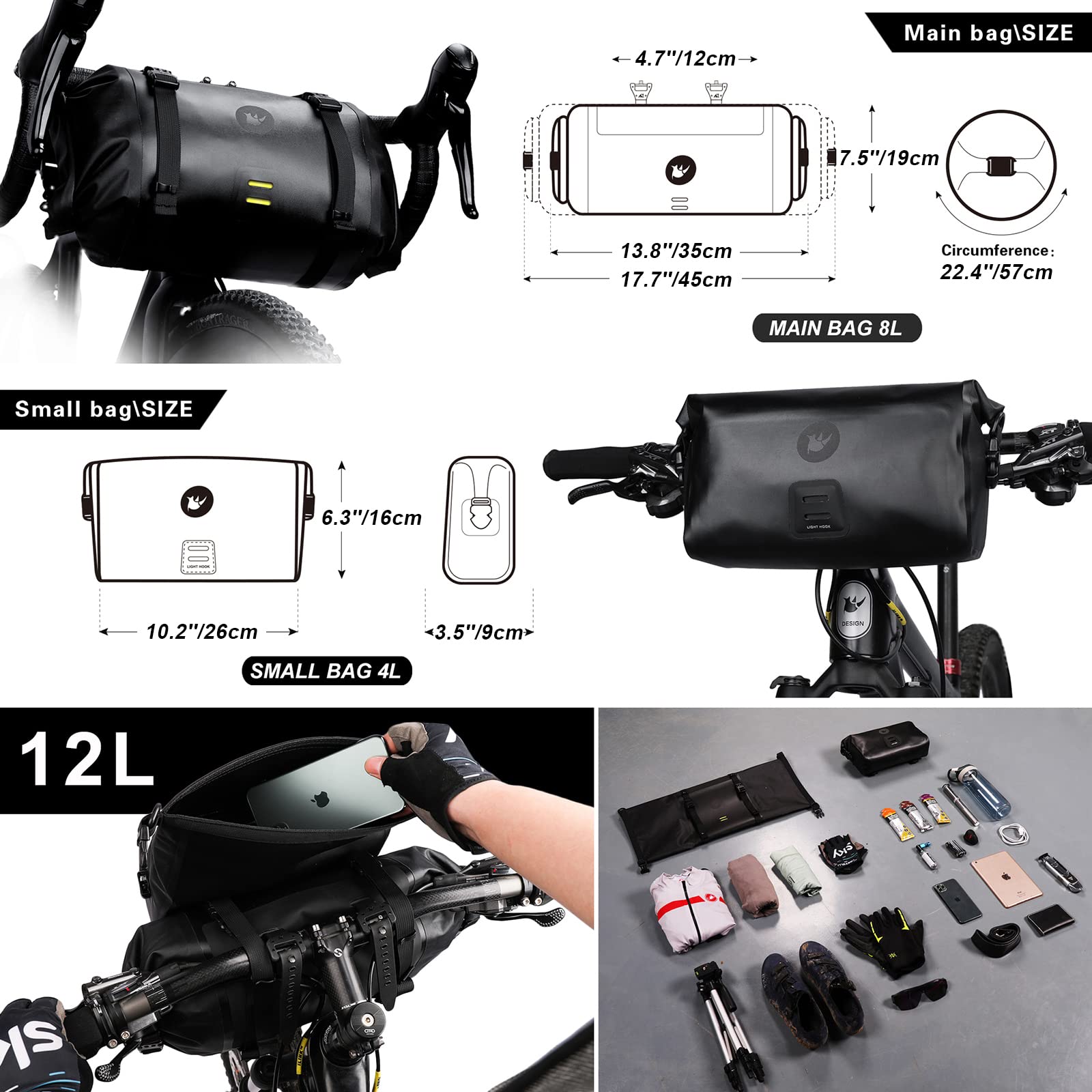 Rhinowalk 2PC Waterproof Bike Handlebar Bag - 12L Large Capacity Set