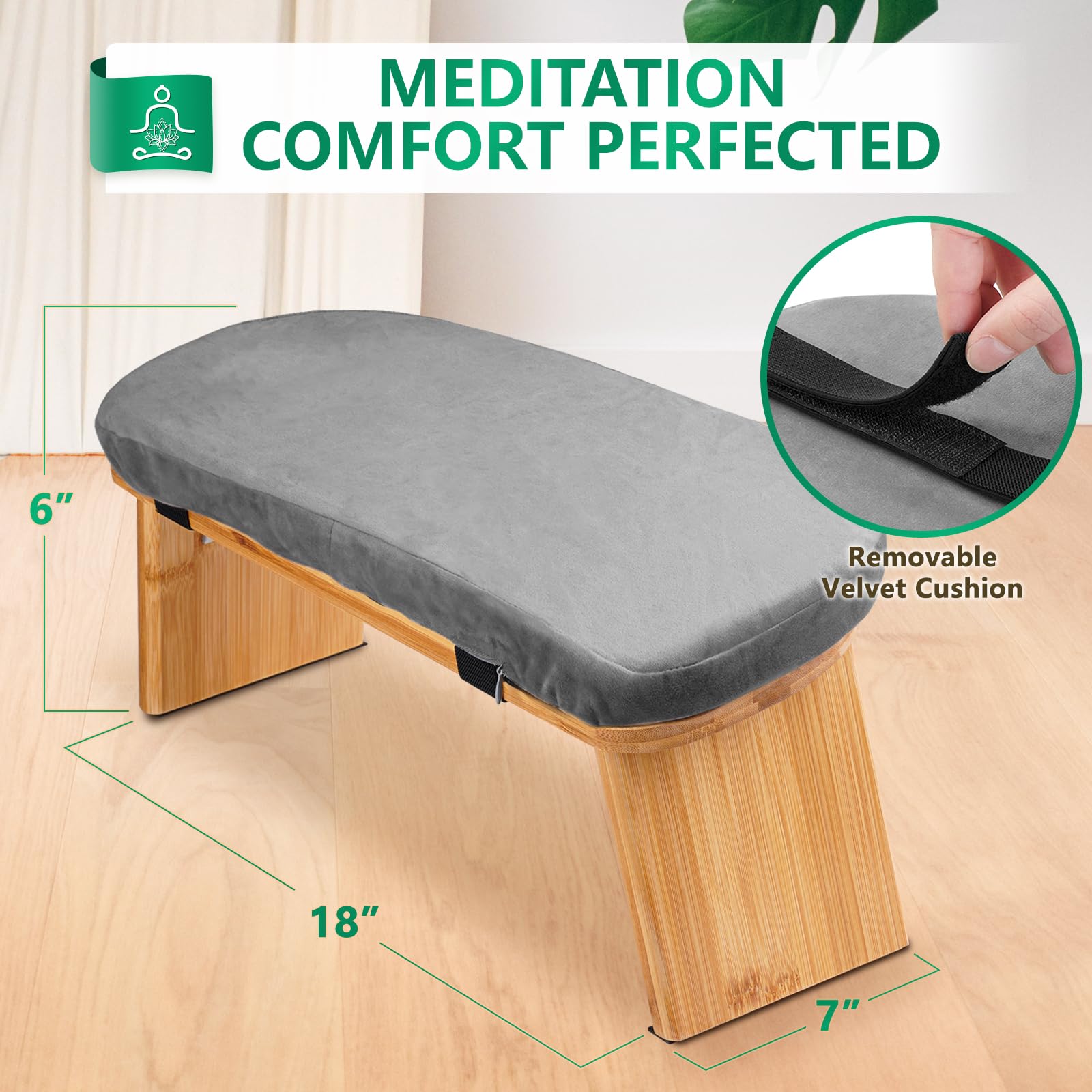 Hihealer Foldable Bamboo Meditation Bench with Velvet Cushion | Ergonomic