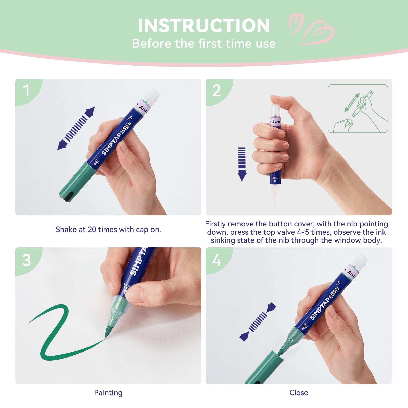 Arrtx 48 Colors Acrylic Paint Pens | Top Valve Action Brush Tip Markers