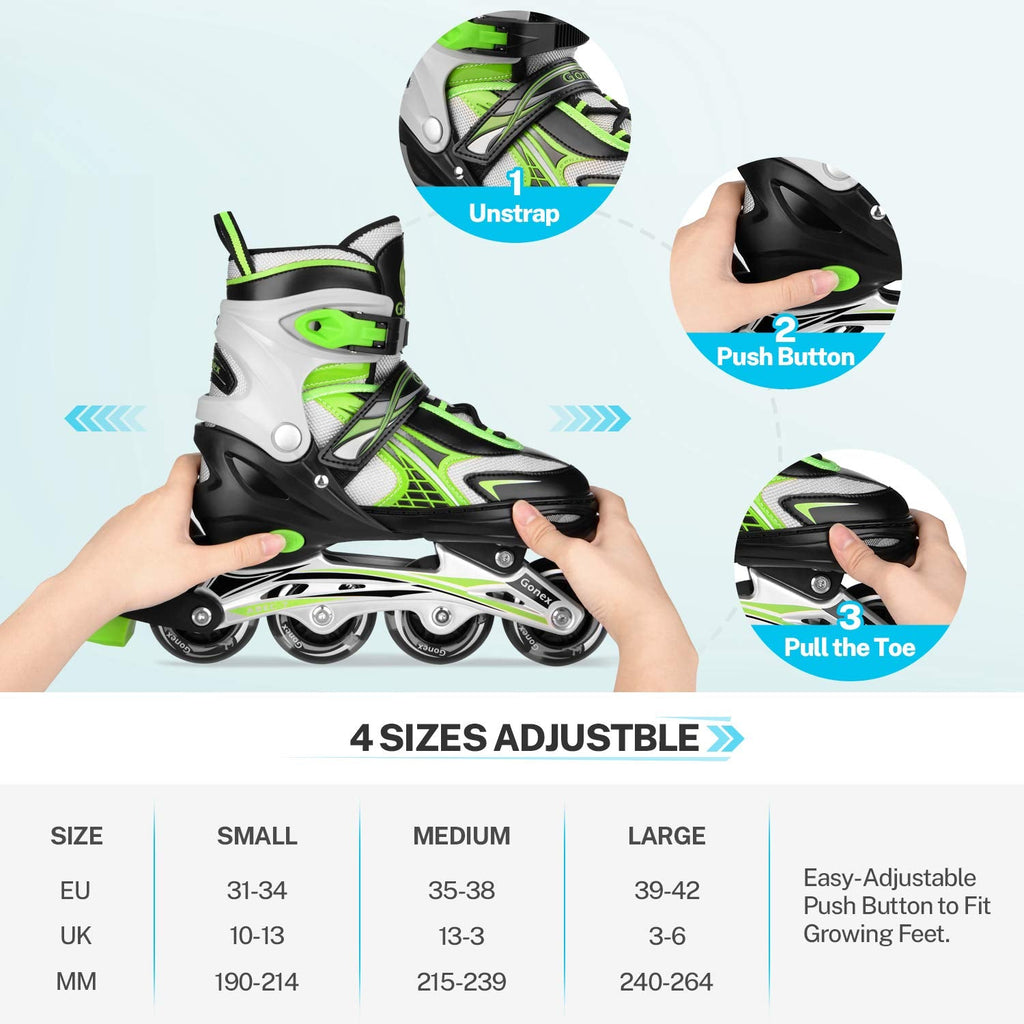 Gonex Adjustable Inline Skates for Kids - 8 LED Flashing Wheels, Green
