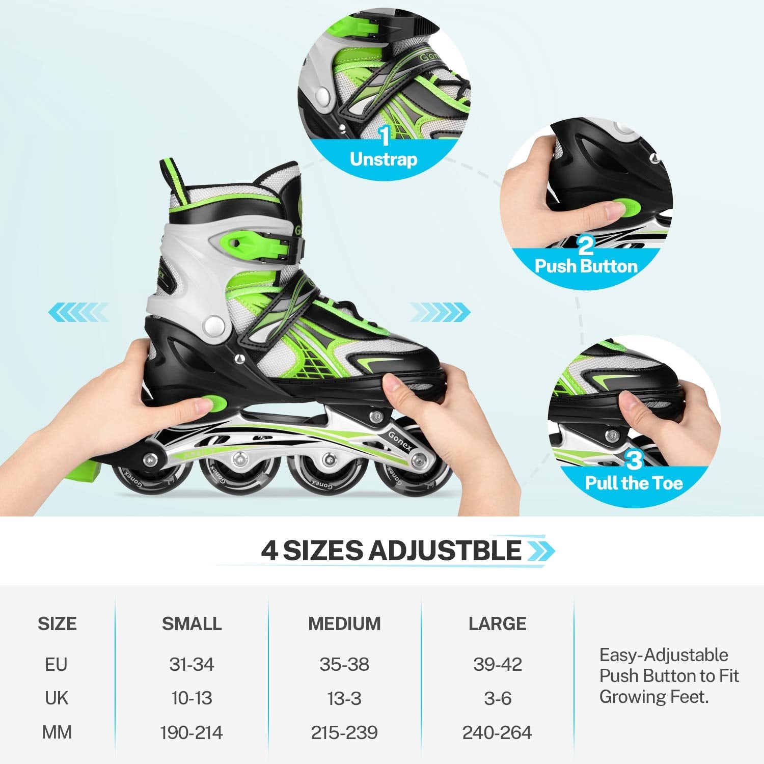 Gonex Adjustable Inline Skates for Kids - 8 LED Flashing Wheels, Green