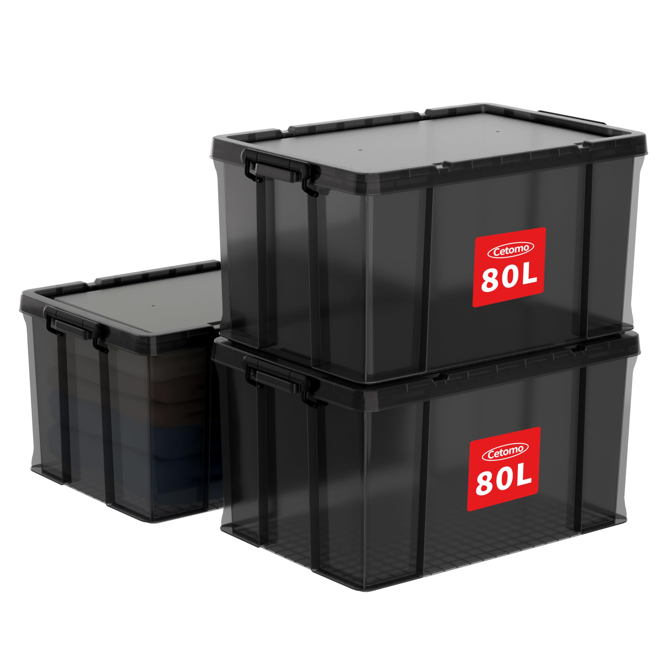 Cetomo 80L Stackable Storage Boxes | Heavy-Duty Plastic Bins with Lids, 3-Pack