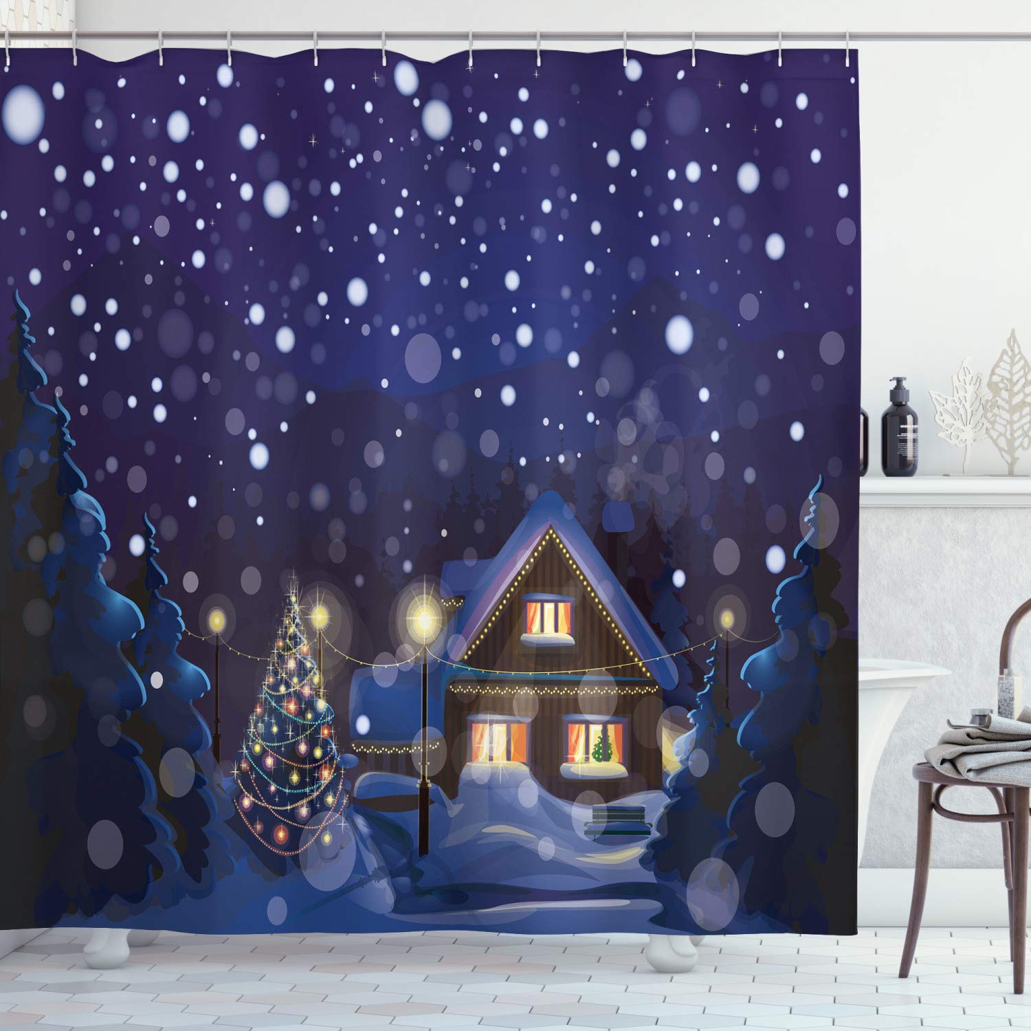 ABAKUHAUS Christmas Fabric Shower Curtain – Winter Night Landscape, 94"