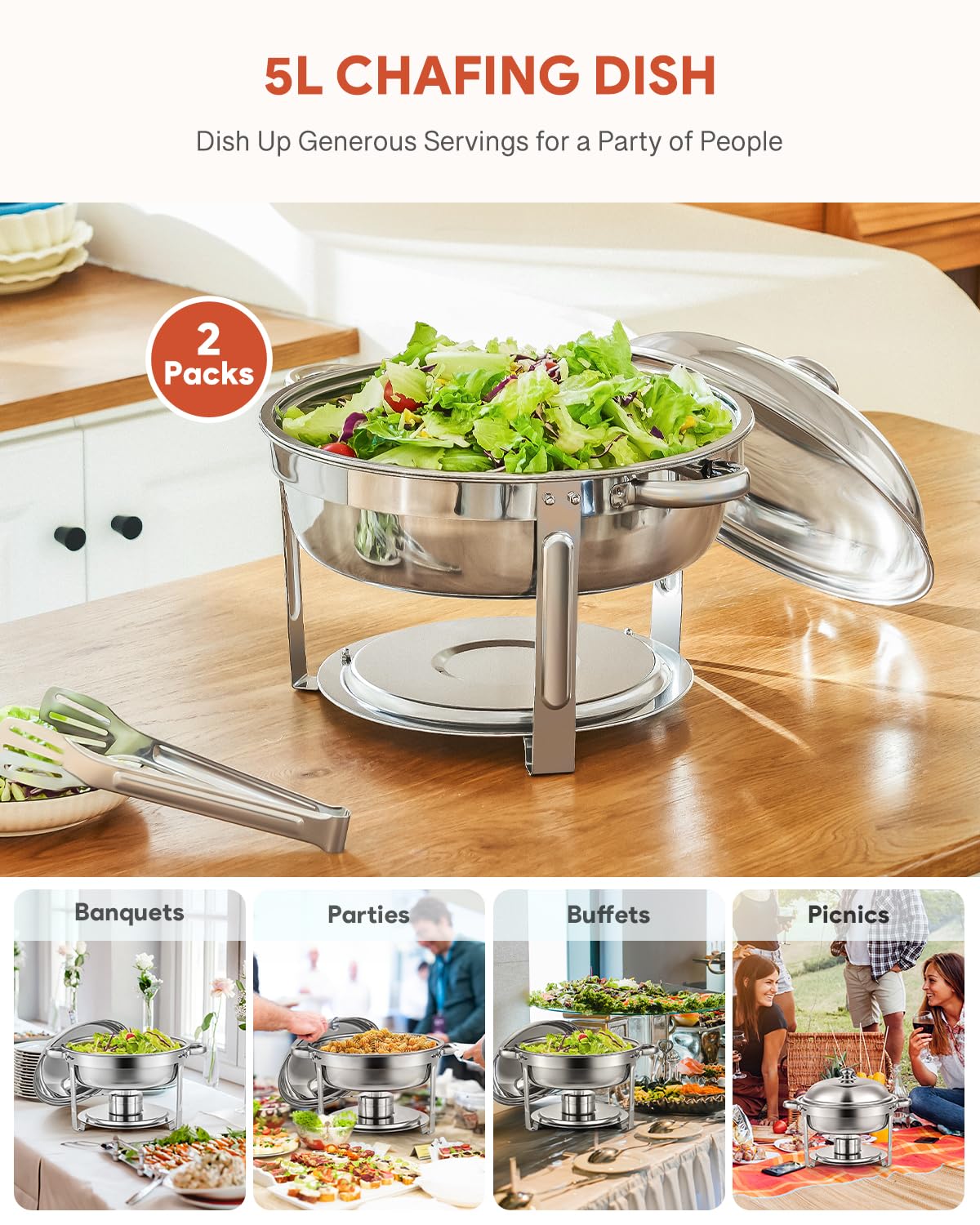 Wilprep 2-Pack Round Chafing Dish Buffet Set | 5L Stainless Steel Food Warmer