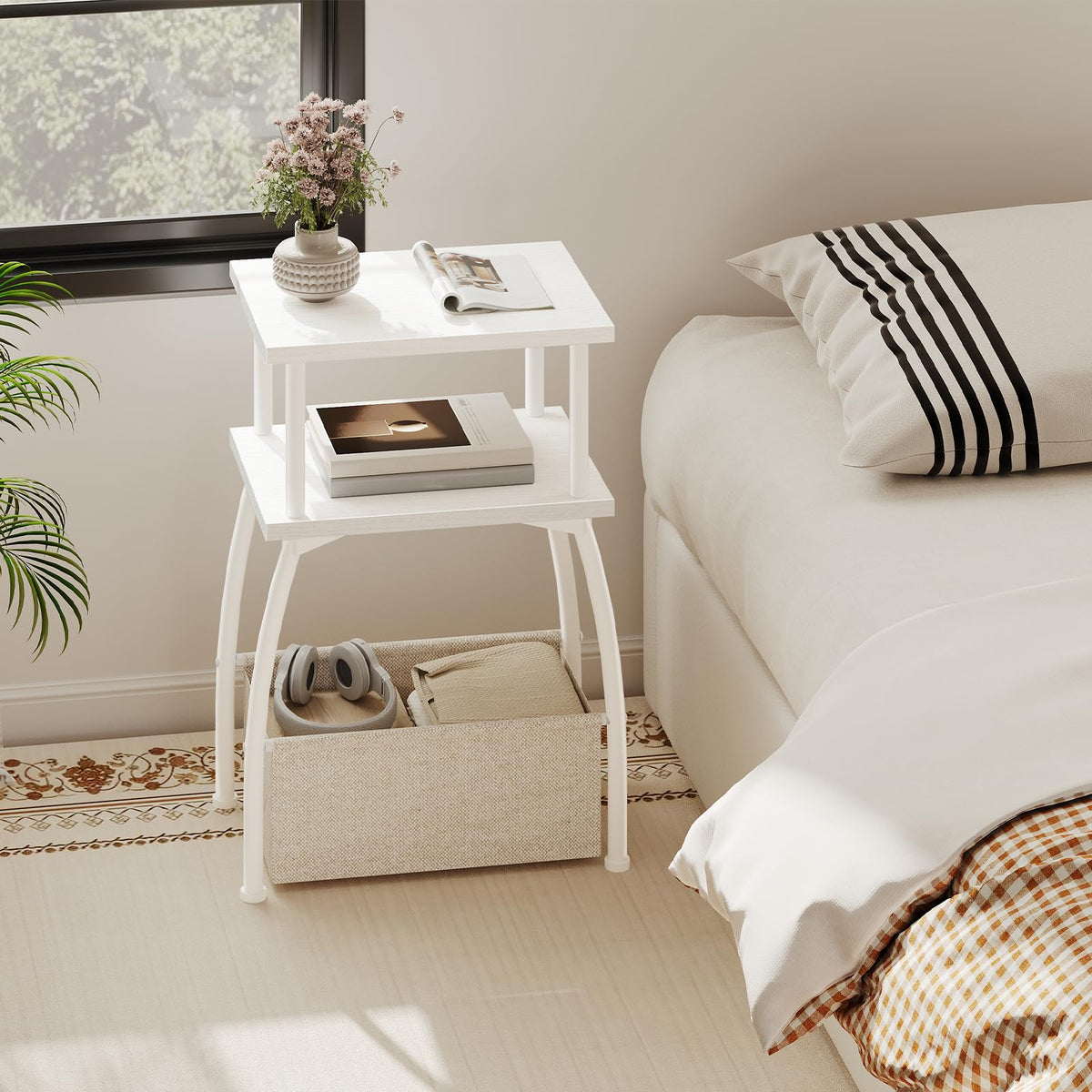 HOOBRO Narrow Side Table, 3-Tier Small Table with Linen Storage Basket, Sofa Side Tables for Small Space - image 4