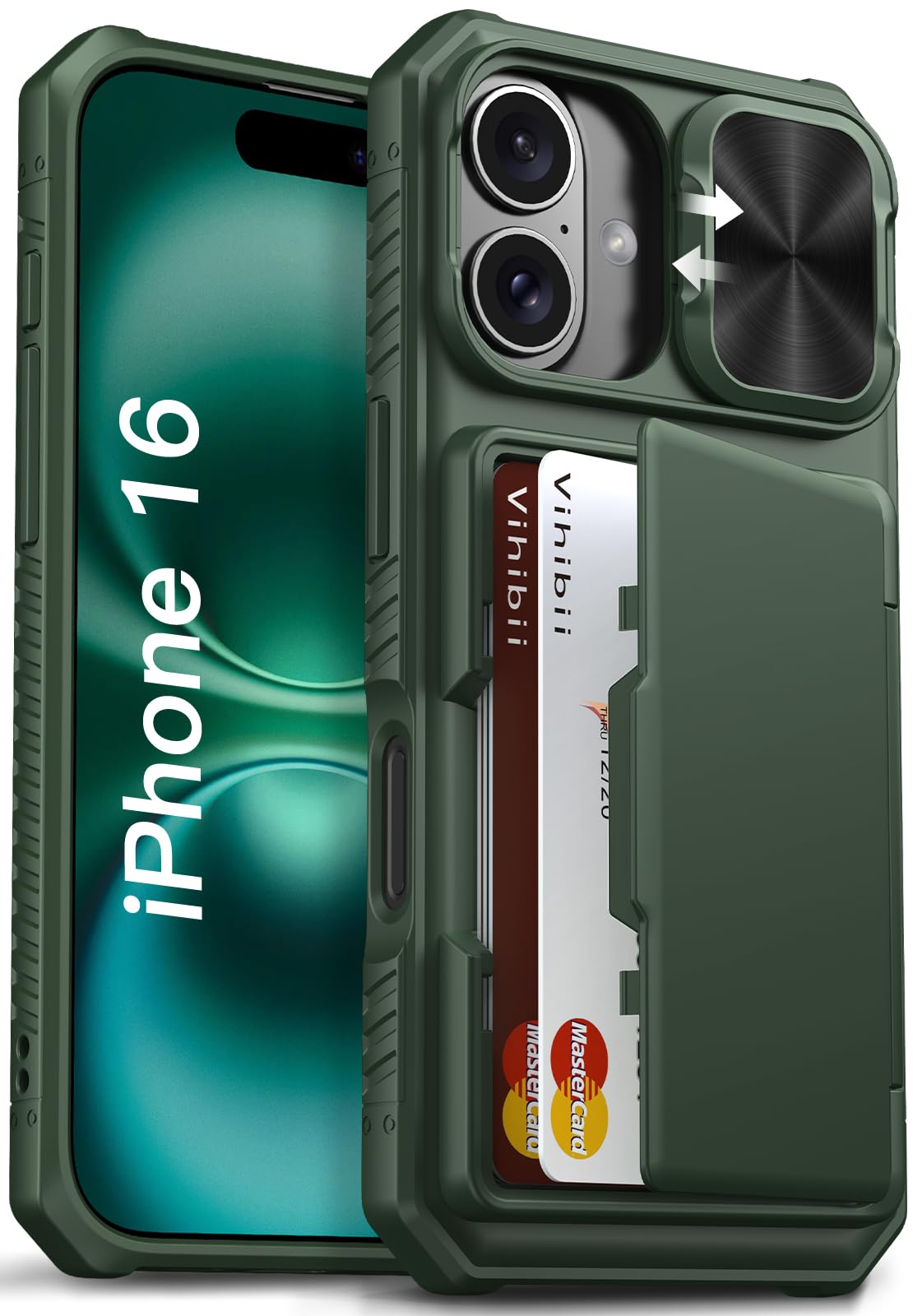 Vihibii iPhone 16 Wallet Case | RFID Card Holder & Camera Cover - Green