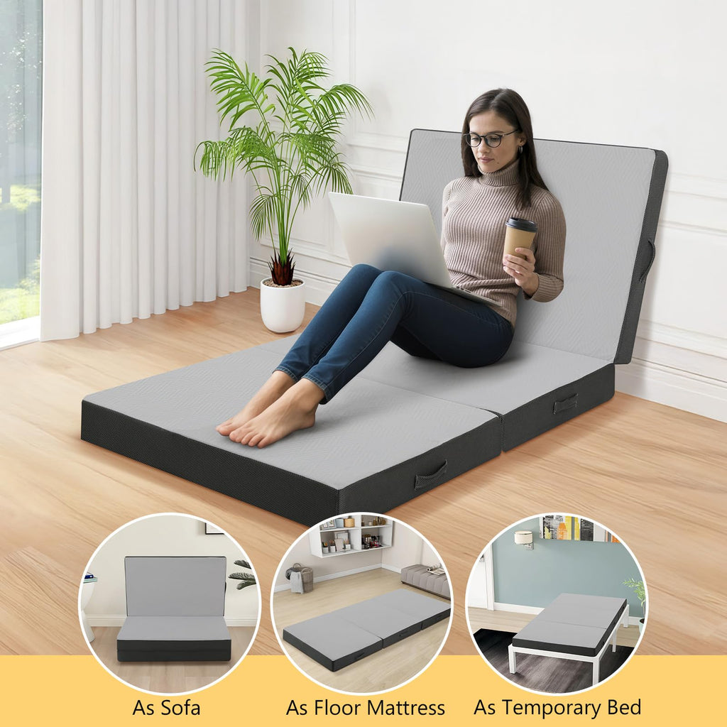 MeMoreCool Tri-Fold Mattress | 10cm Single Foam Guest Floor Mat – Grey