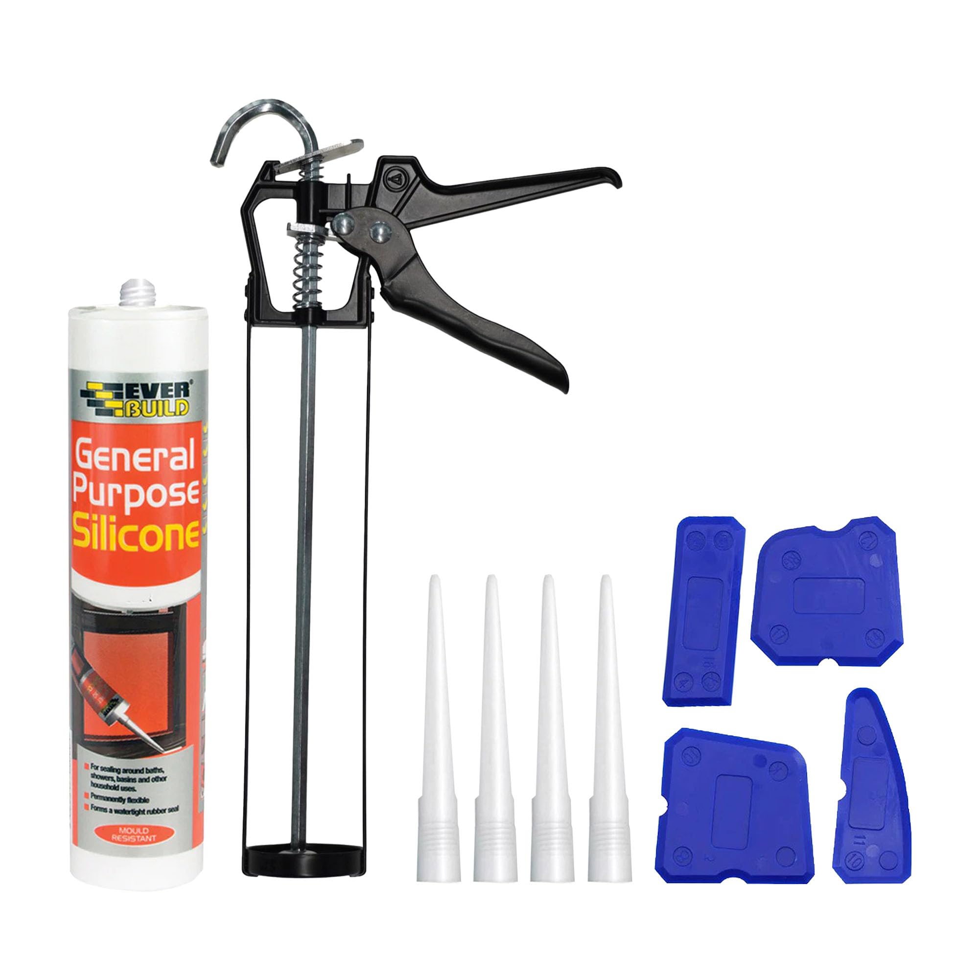 Everbuild White Silicone Sealant Set with Caulking Gun & Finishing Tools