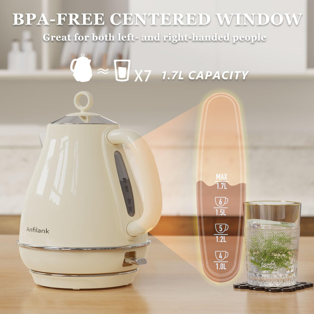 Anfilank Electric Kettle – 1.7L Stainless Steel Fast Boil, 3000W, Cream