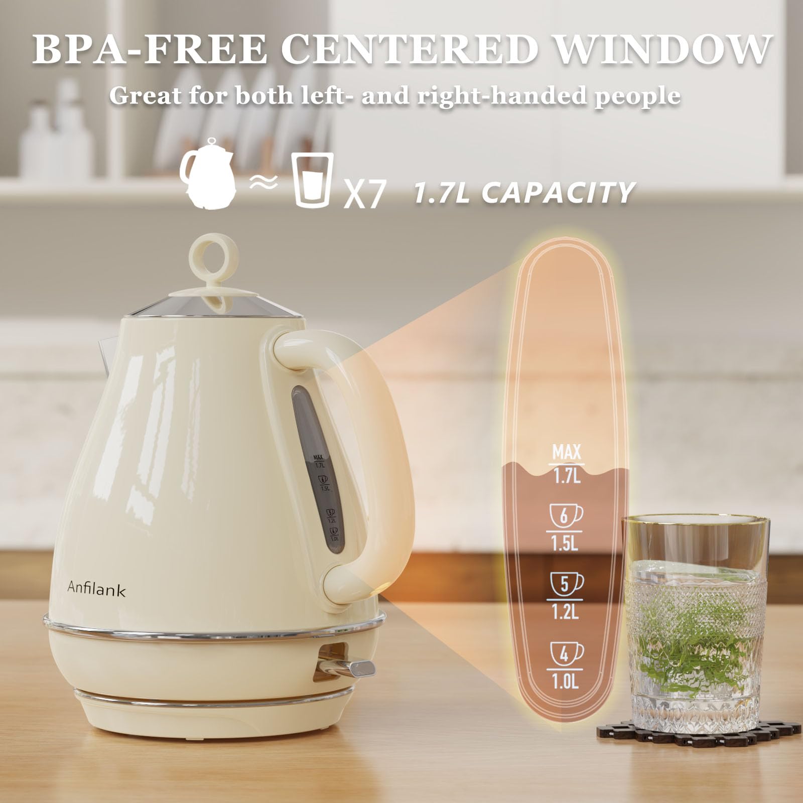 Anfilank Electric Kettle – 1.7L Stainless Steel Fast Boil, 3000W, Cream