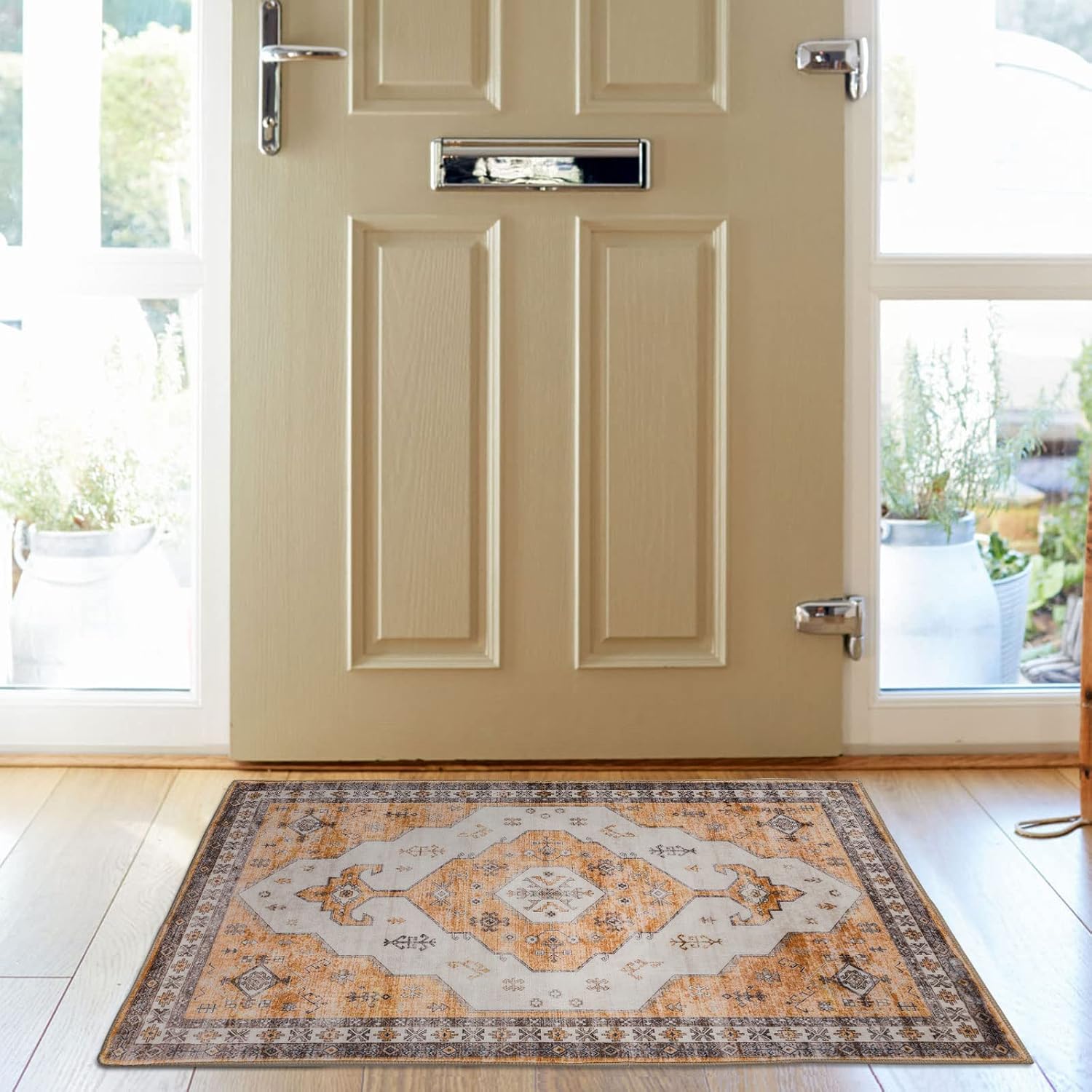 Massive Discounts Orange Vintage Floral Non-slip Washable Door Mat
