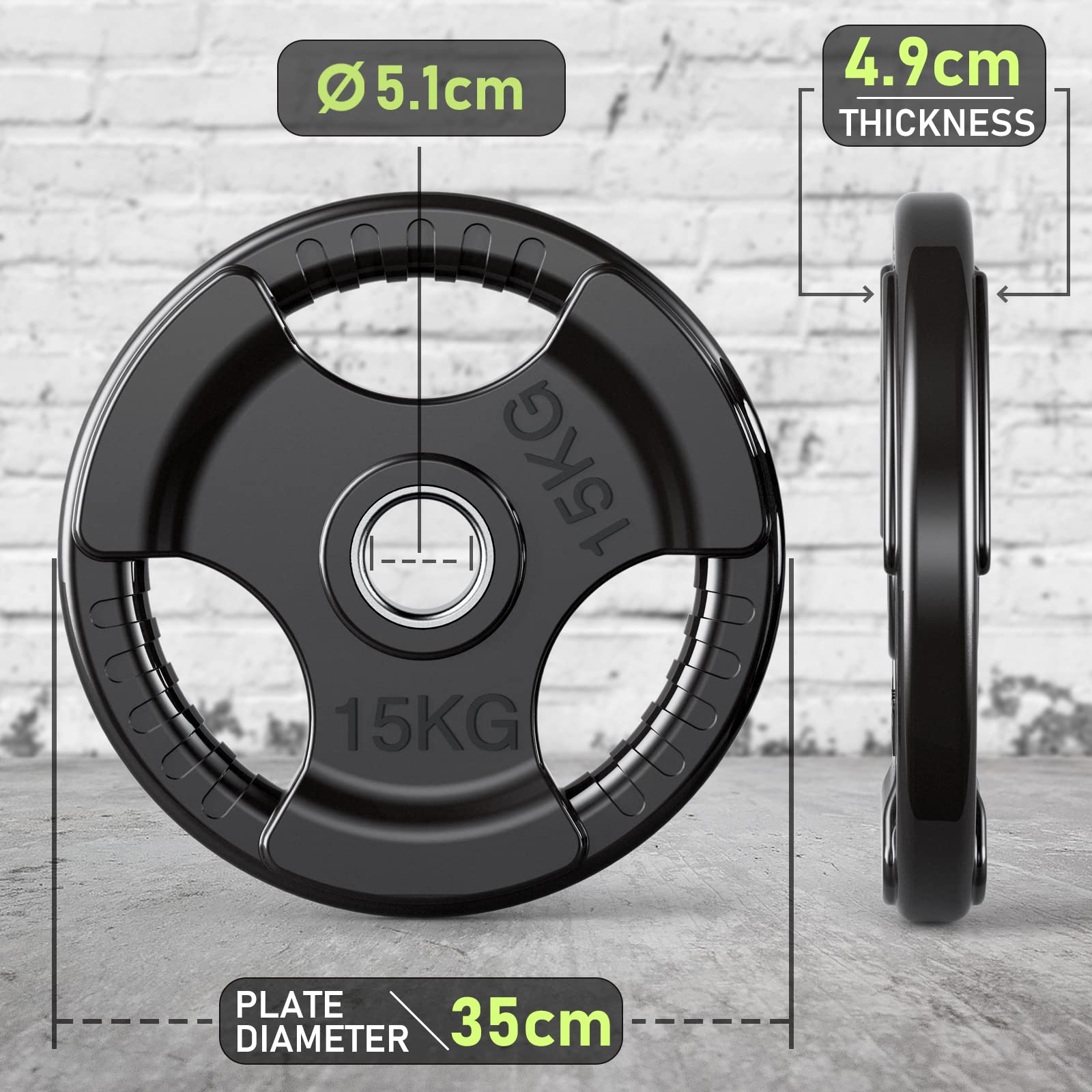 PhysKcal Olympic Weight Plates - 15kg Rubber Coated Tri-Grip Cast Iron