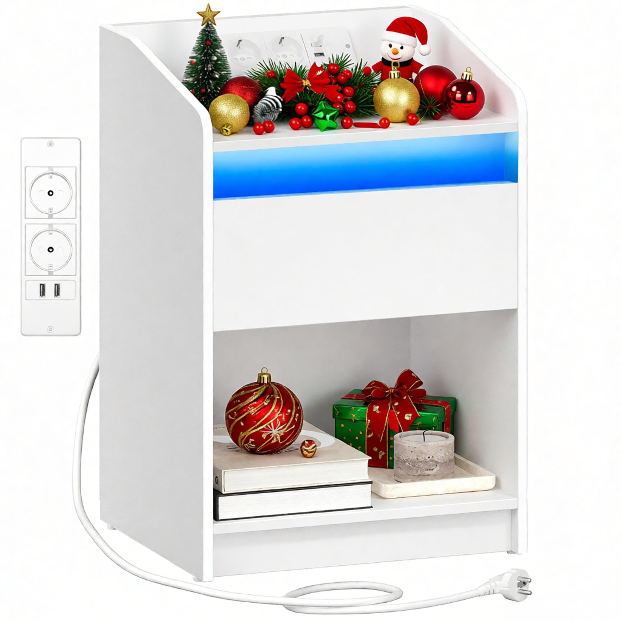 Hzuaneri Bedside Table with LED Light, Charging Station & Drawer – White