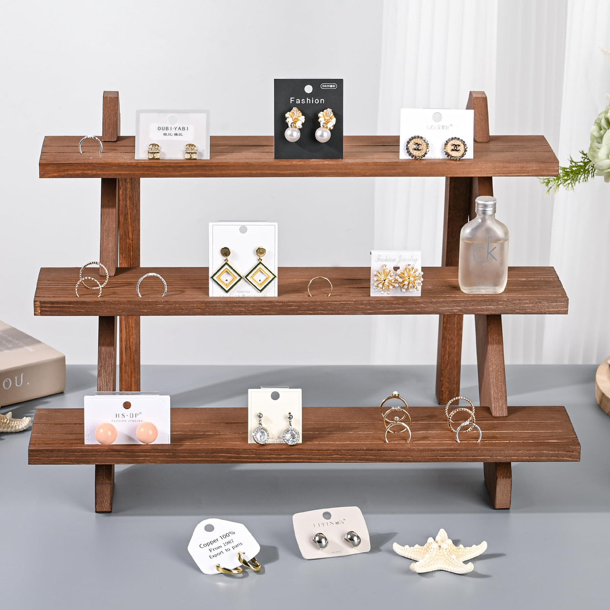 LEXFUNN Wooden Jewellery Display Rack Stand Earring Stall Stand Organizer Shelf 3/4 Tier 3 Tier - Brown - image 2