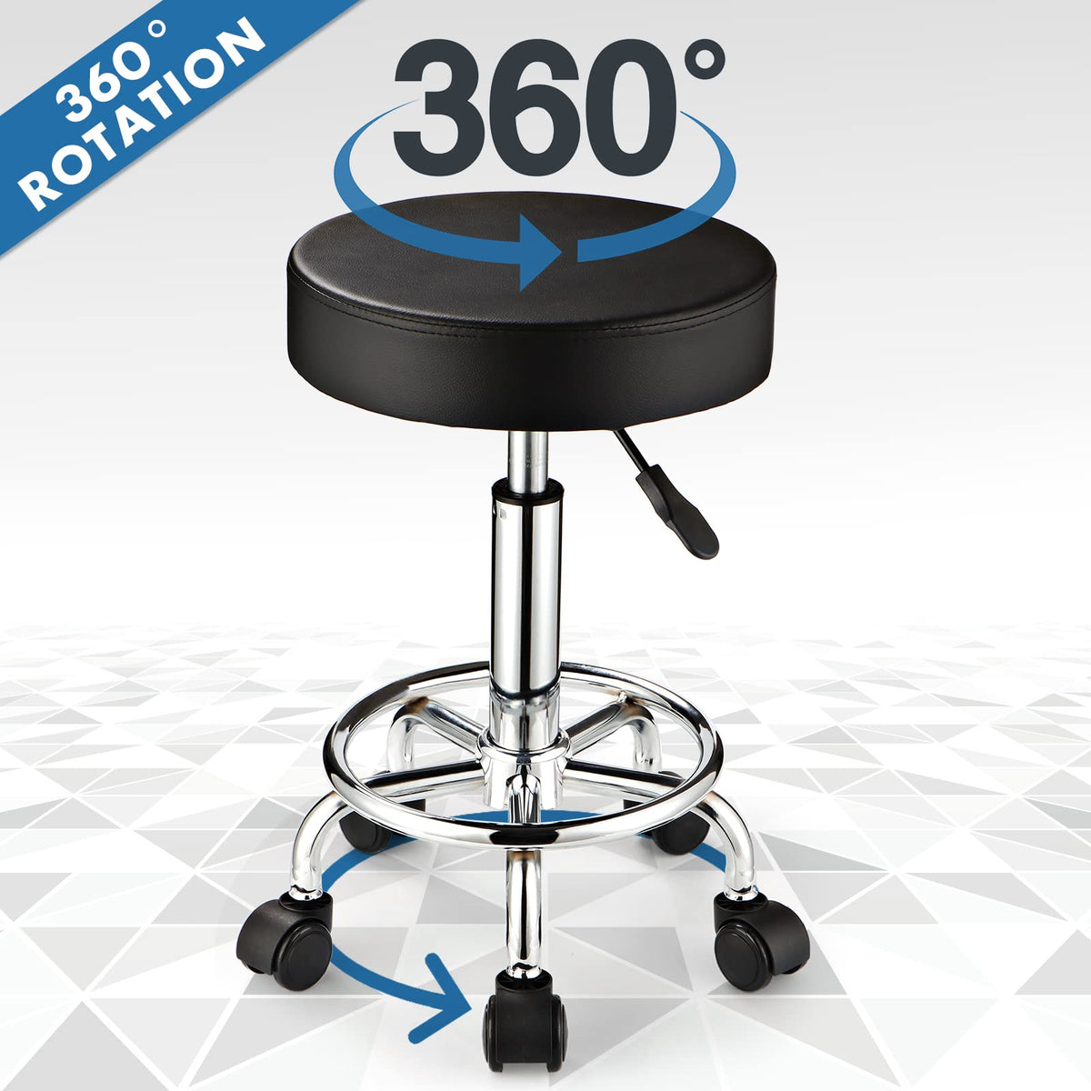 FNZIR Adjustable Stool with Wheels Round Rolling Stool for Spa Salon Massage Office Stool Chair Black