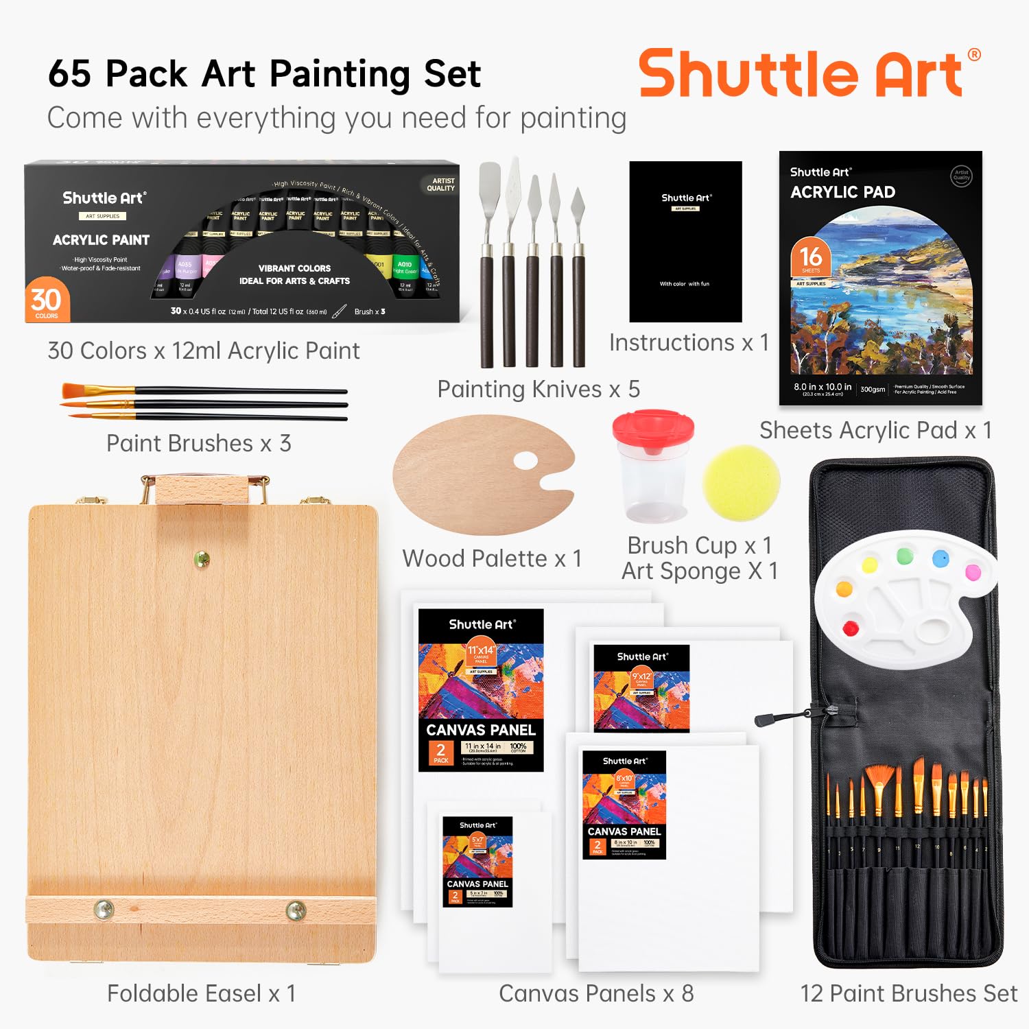 Shuttle Art 65 Pack Acrylic Paint Set with Wooden Tabletop Easel Box