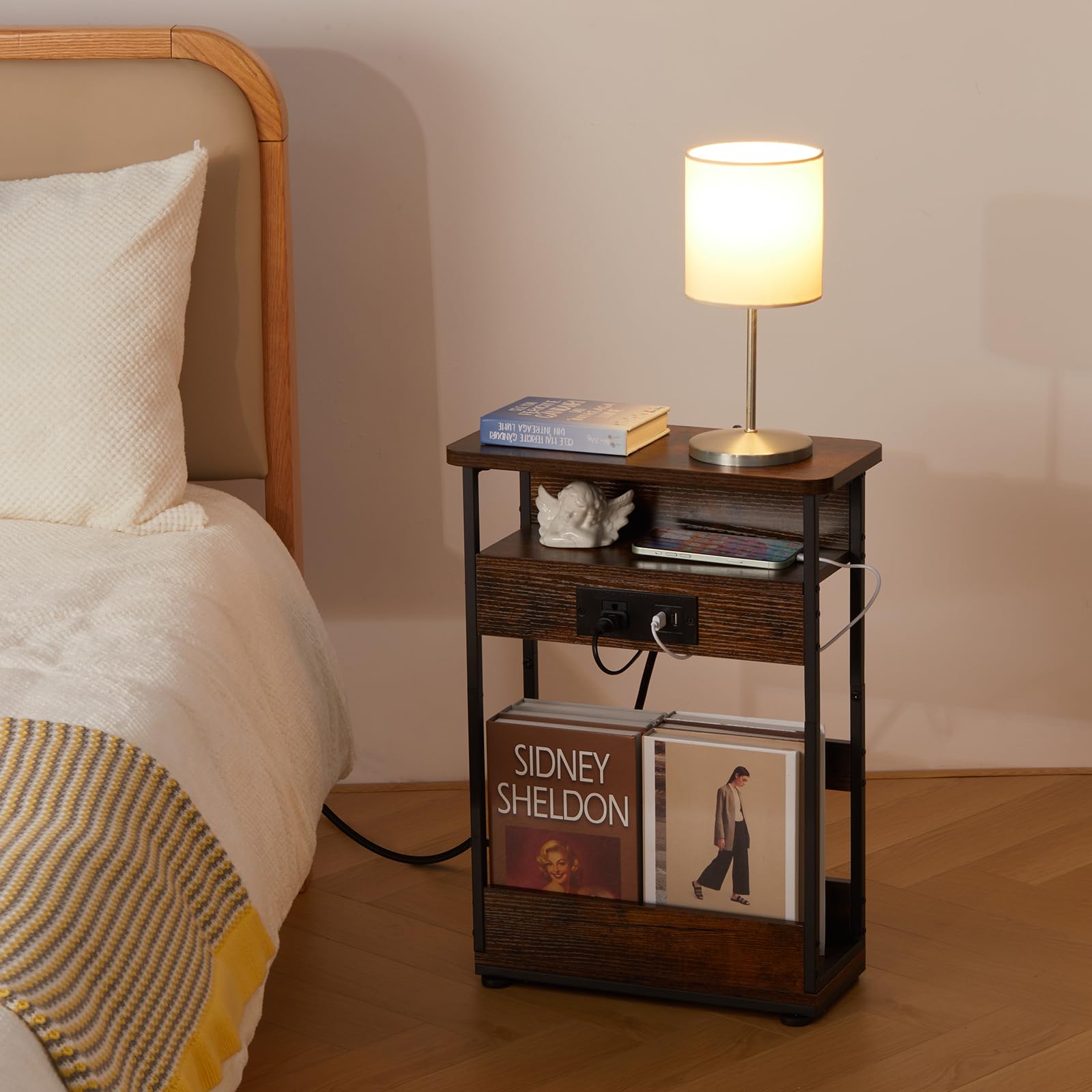 Narrow Side Table with Charging Station – Rustic Brown