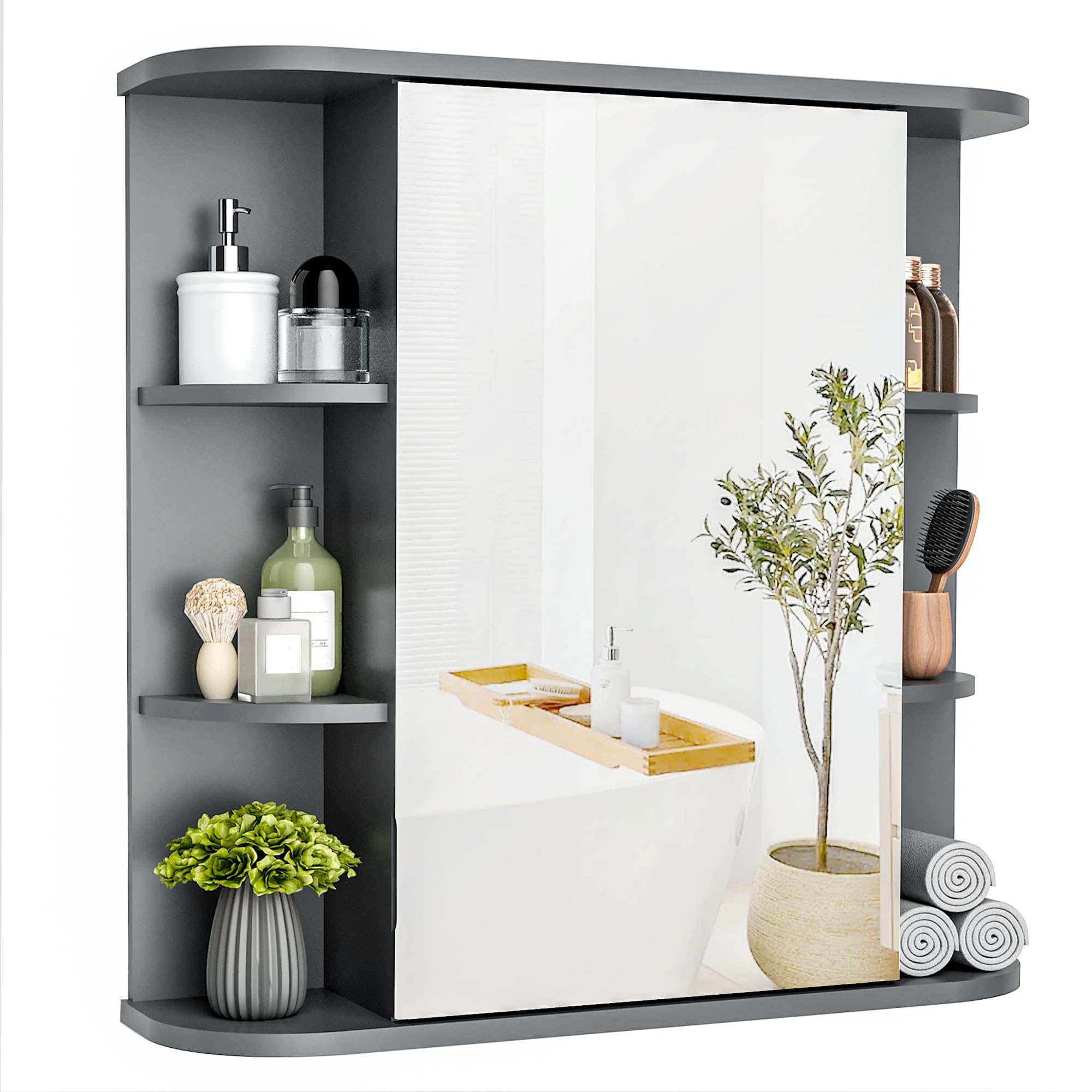 Pamapic Bathroom Mirror Cabinet | Wall Mounted Storage Unit - Grey