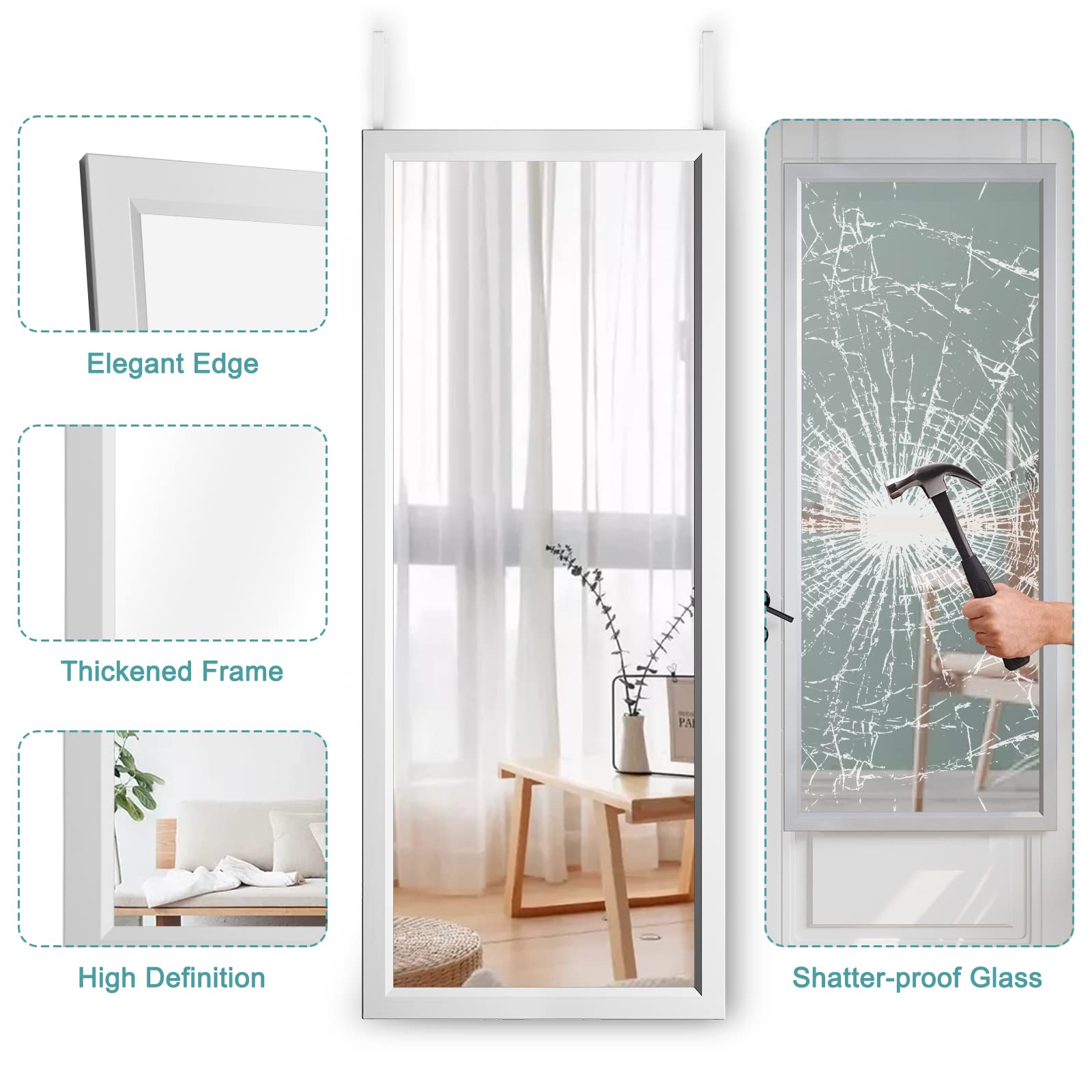 Dripex Full Length Over Door Mirror – 110x45cm Toughened Glass Silver