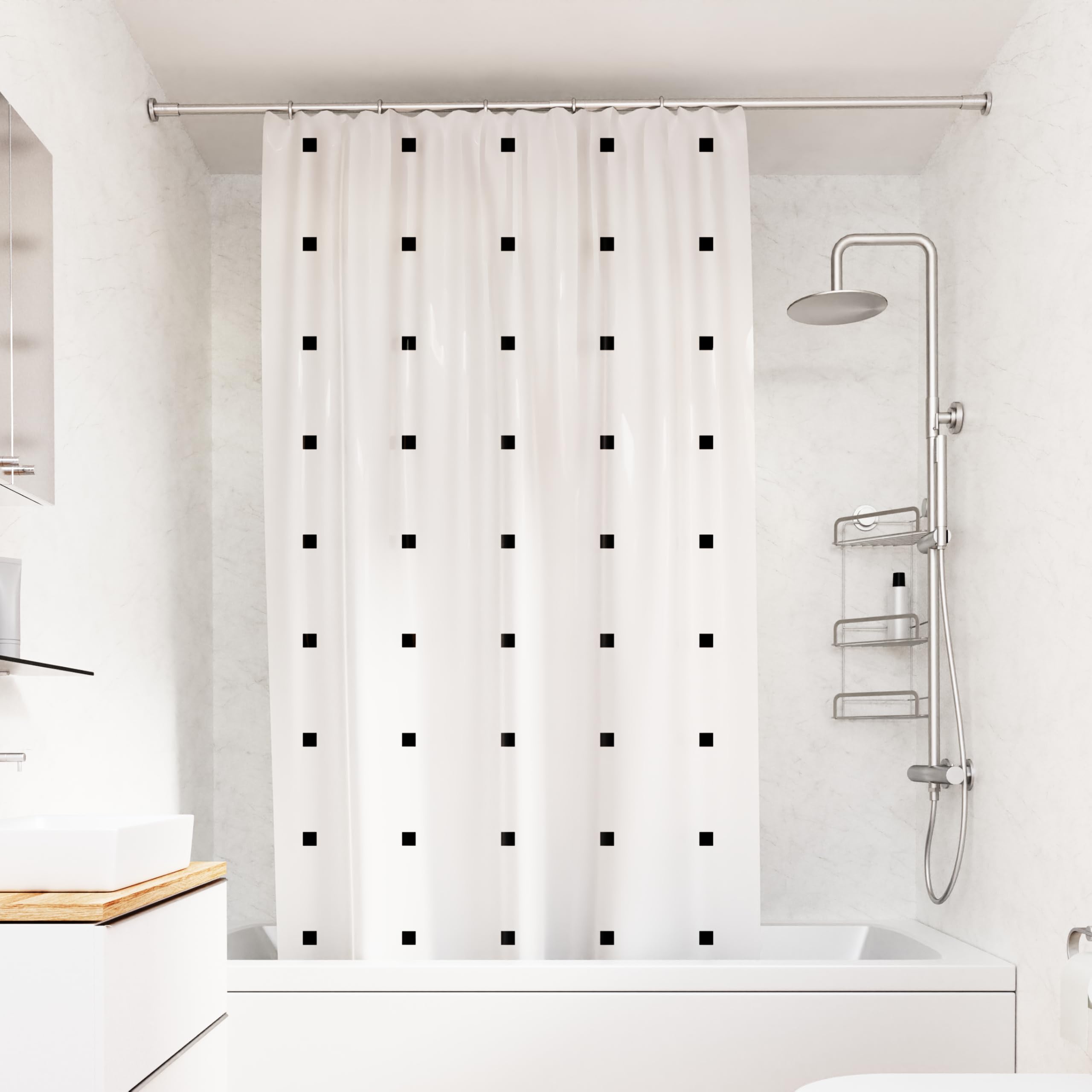 Croydex White Shower Curtain – Black Dot Polyester with Weighted Hem