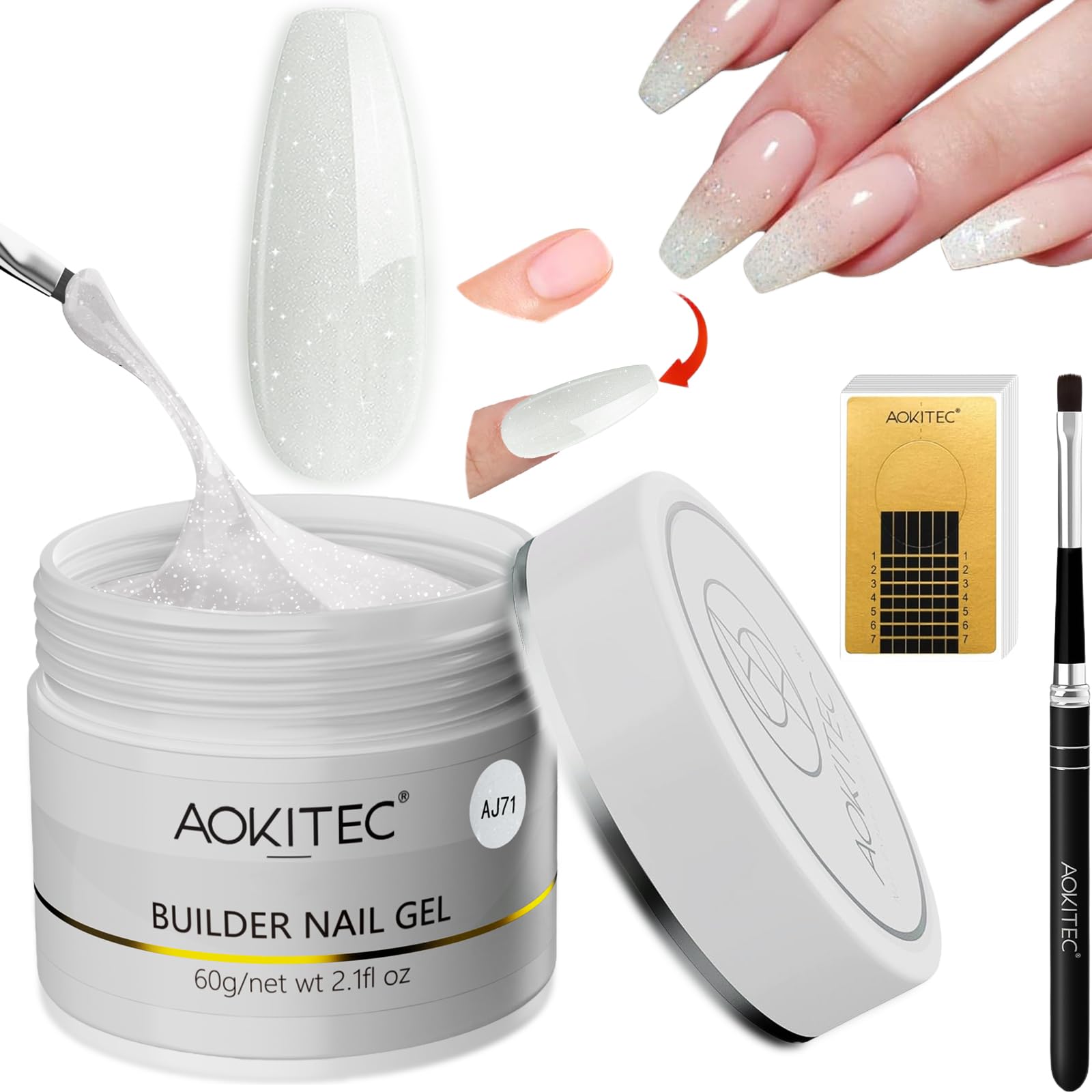 Aokitec White Glitter Builder Gel Kit – 60g UV Hard Gel for Nail Extensions