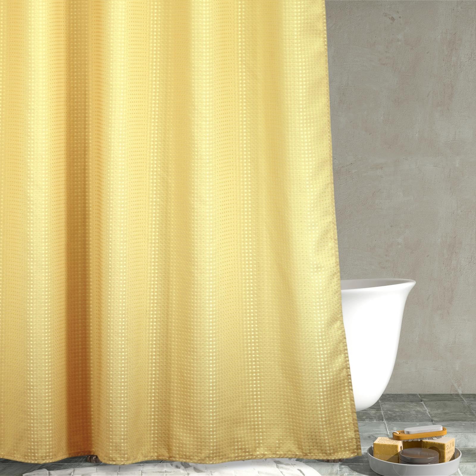 Popkozzi Yellow Waffle Weave Shower Curtain – Heavy Duty Fabric Bath Decor